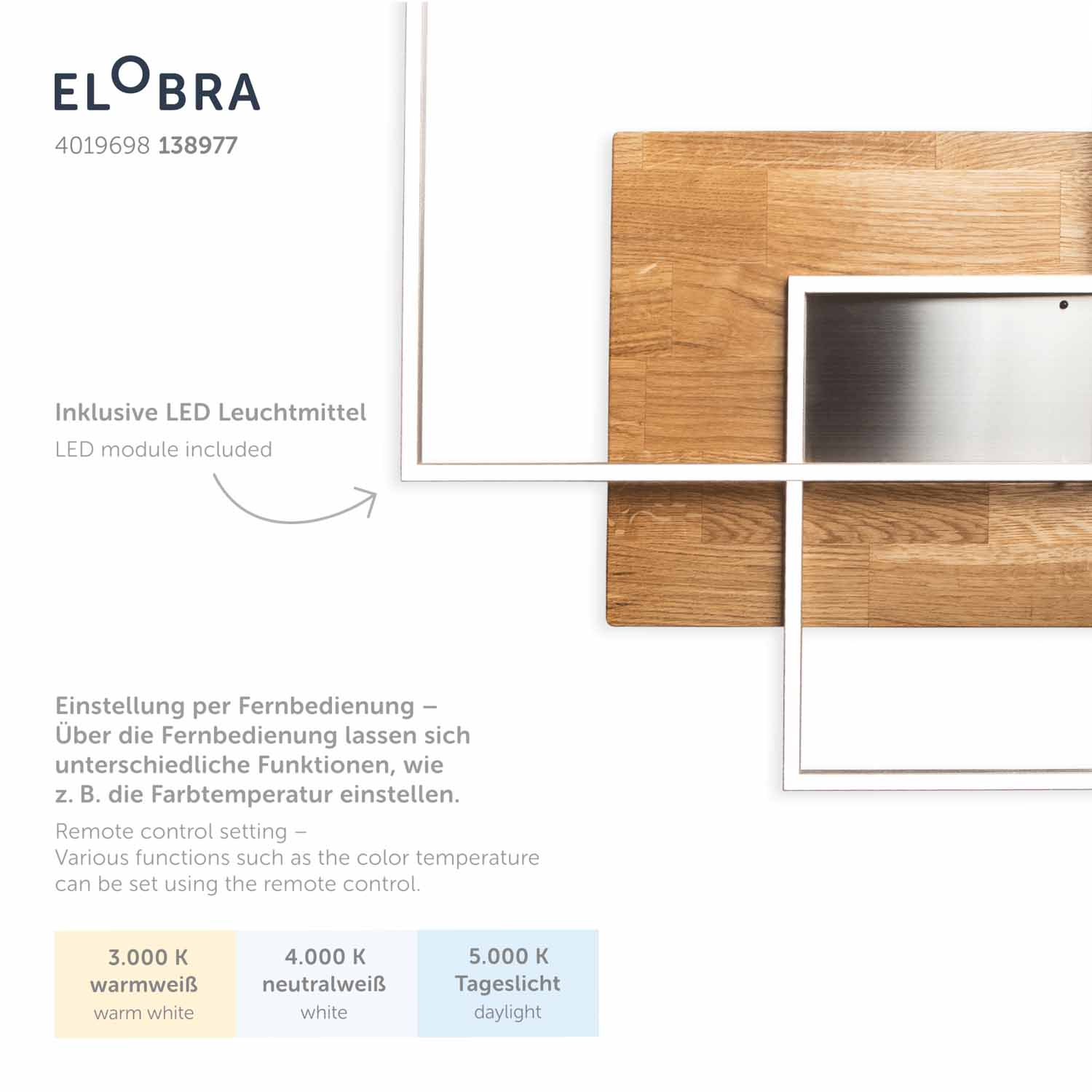 Elobra Living Panama L Deckenleuchte Eiche dimmbar