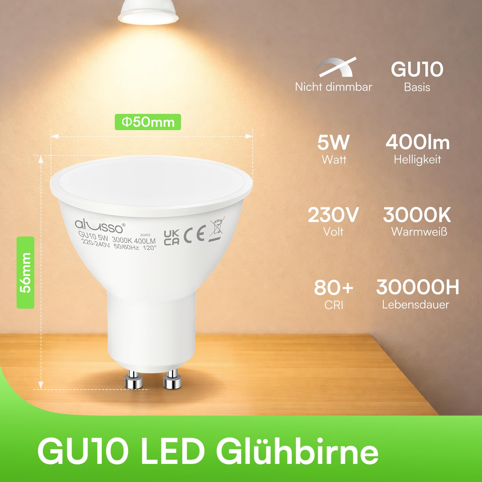 Alusso GU10 LED Lampe 5W Warmweiß 3000K 10 Stück