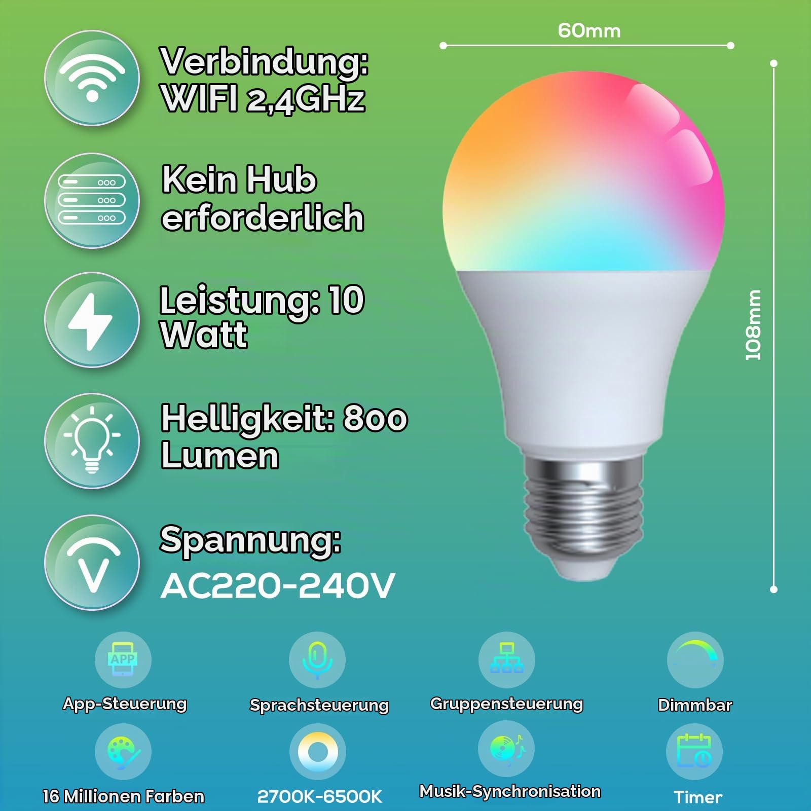 Alusso Smart Glühbirne E27 RGB 10W 2er Set dimmbar