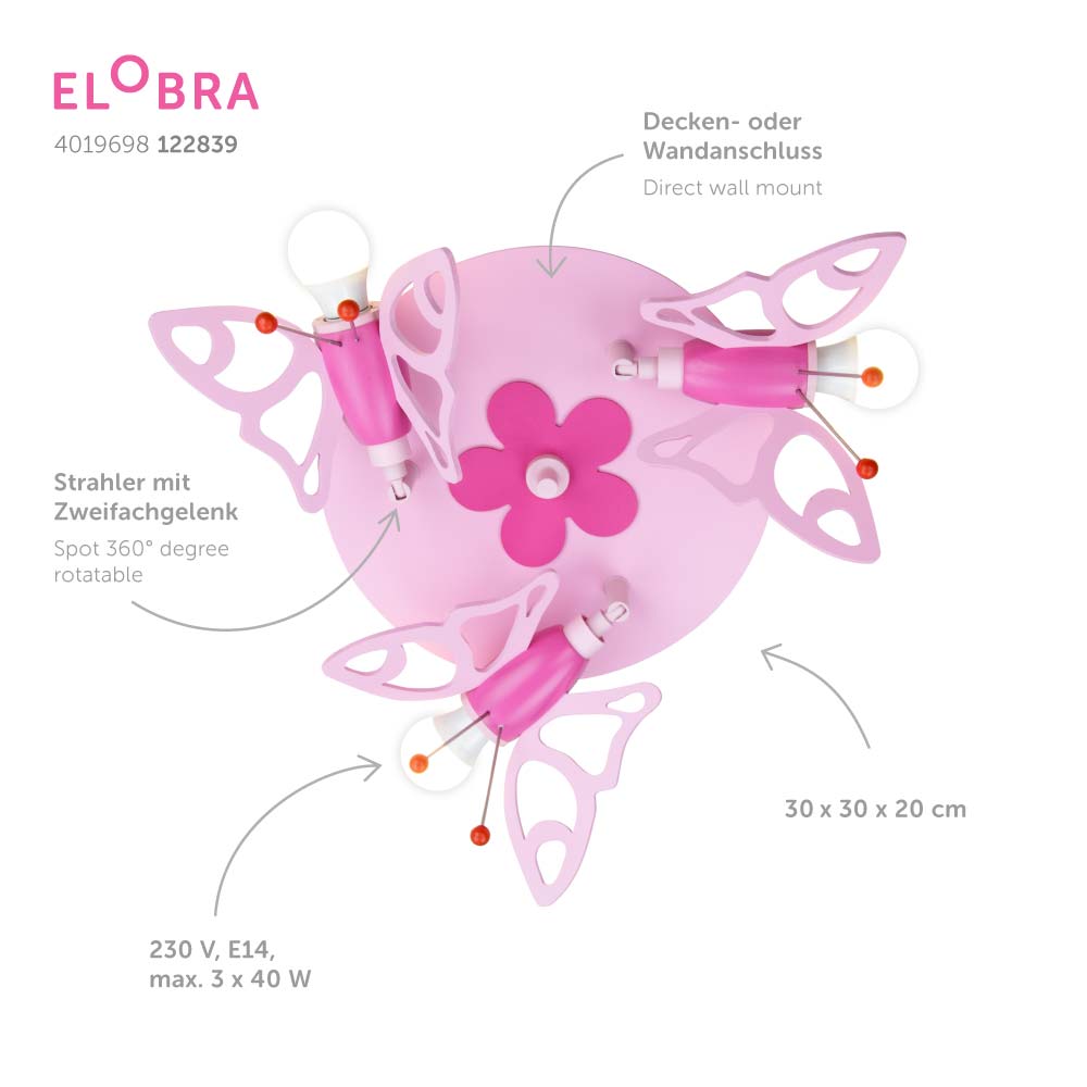 Elobra Kids Rondell Falter 3er Spot Schmetterling Holz