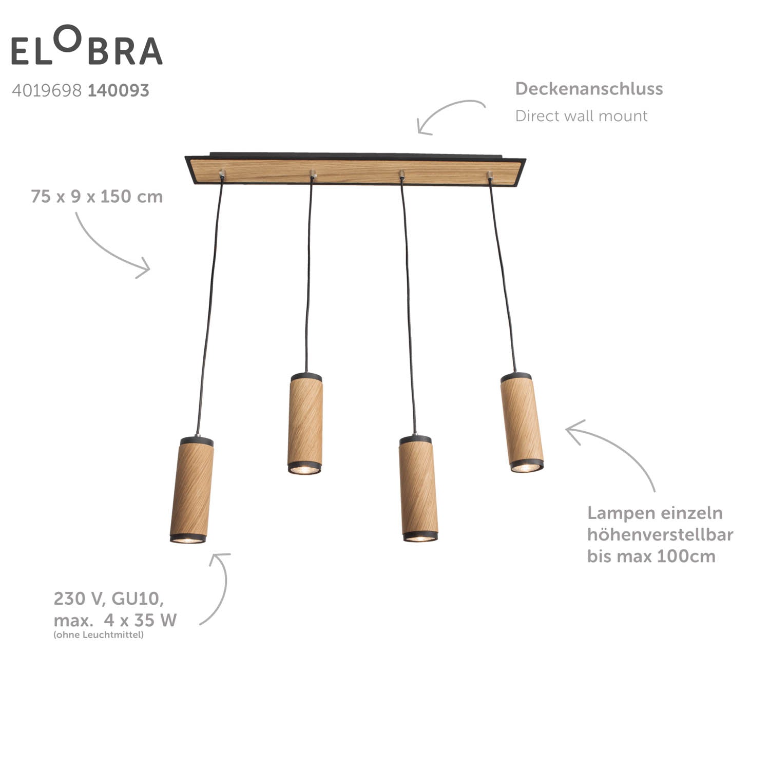 Elobra Living Bolivia 4 Pendelleuchte Asteiche GU10 150cm