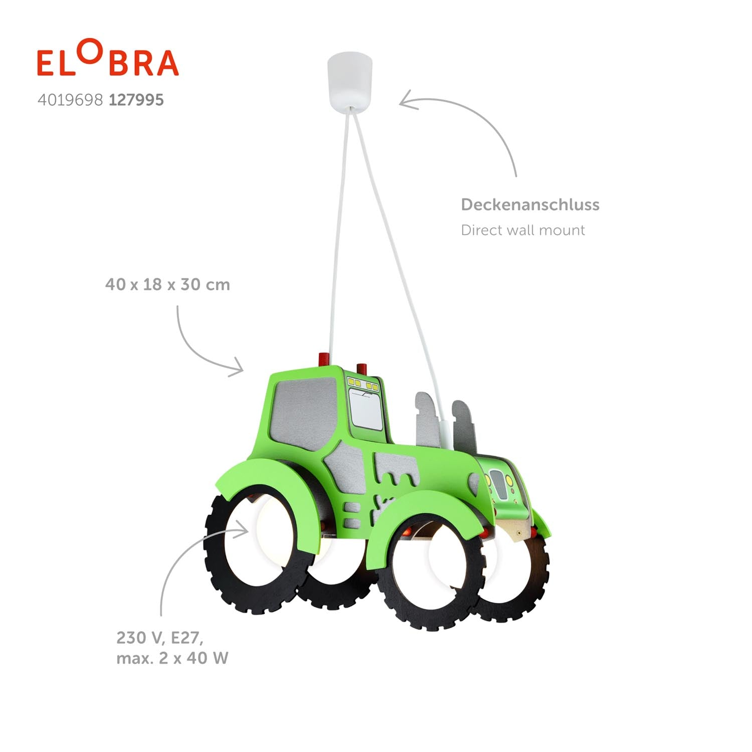 Elobra Traktor Pendelleuchte Kids grün 40 cm 2xE27