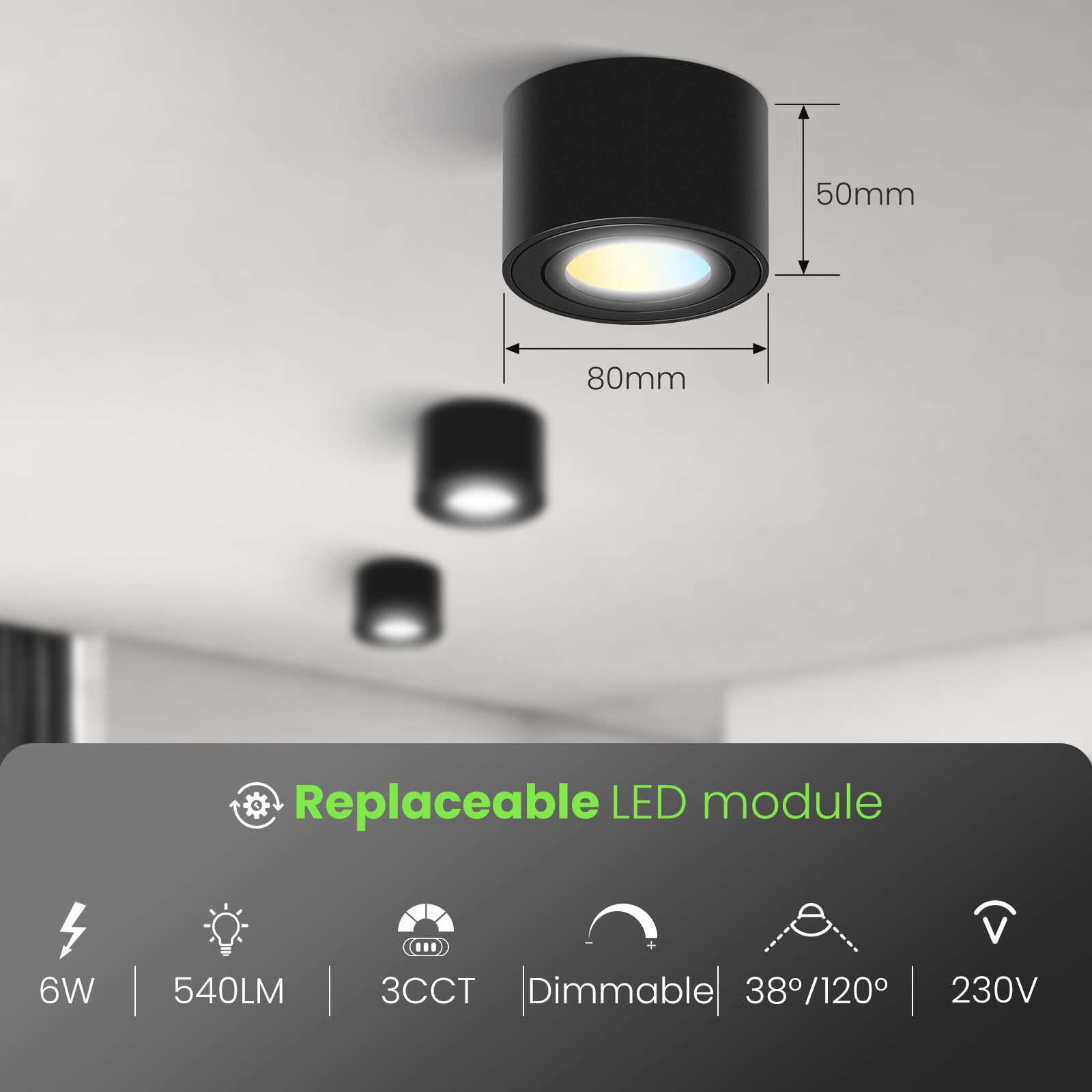 Alusso Aufbauspot 6W LED Deckenspots 3er-Pack schwarz