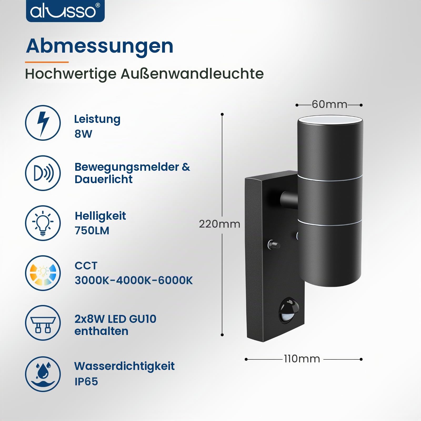Alusso Security Light Außenwandleuchte Sensor schwarz 2x8W