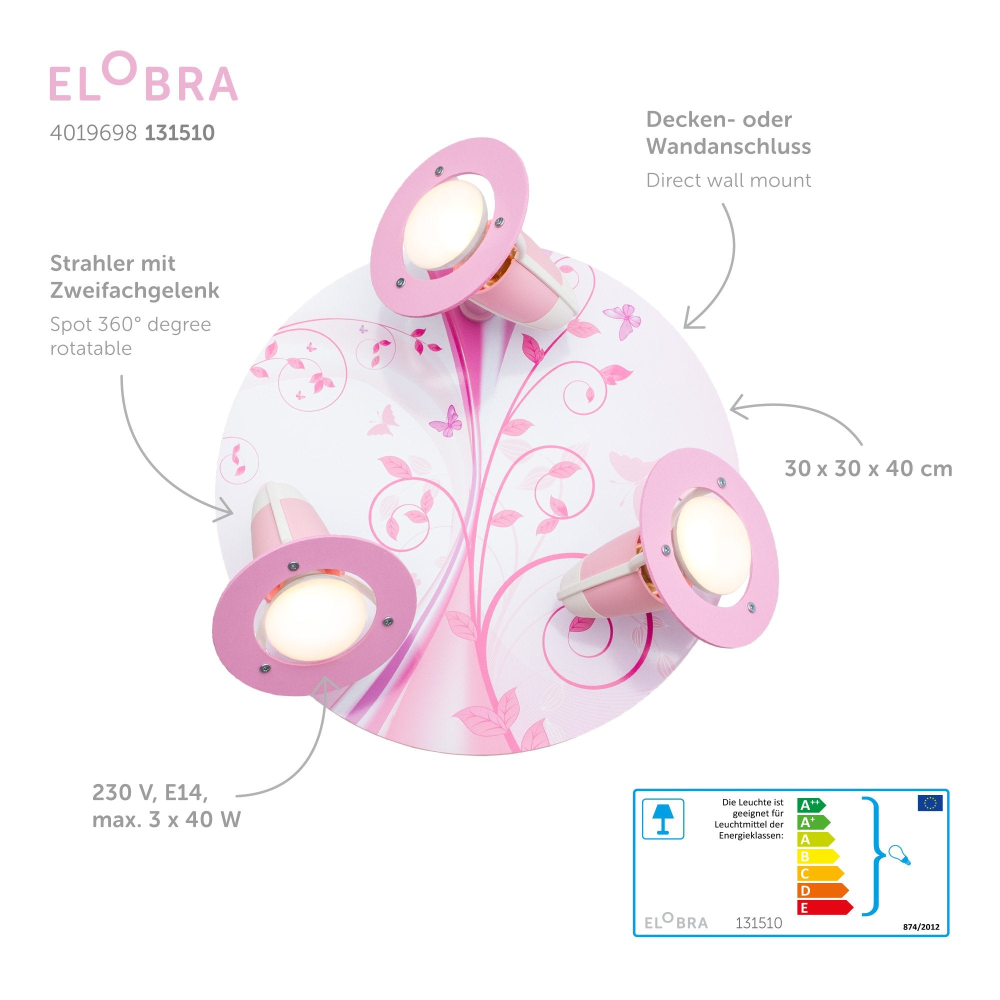 Elobra Kids Phantasie 3er Spot Rondell Deckenleuchte rosa