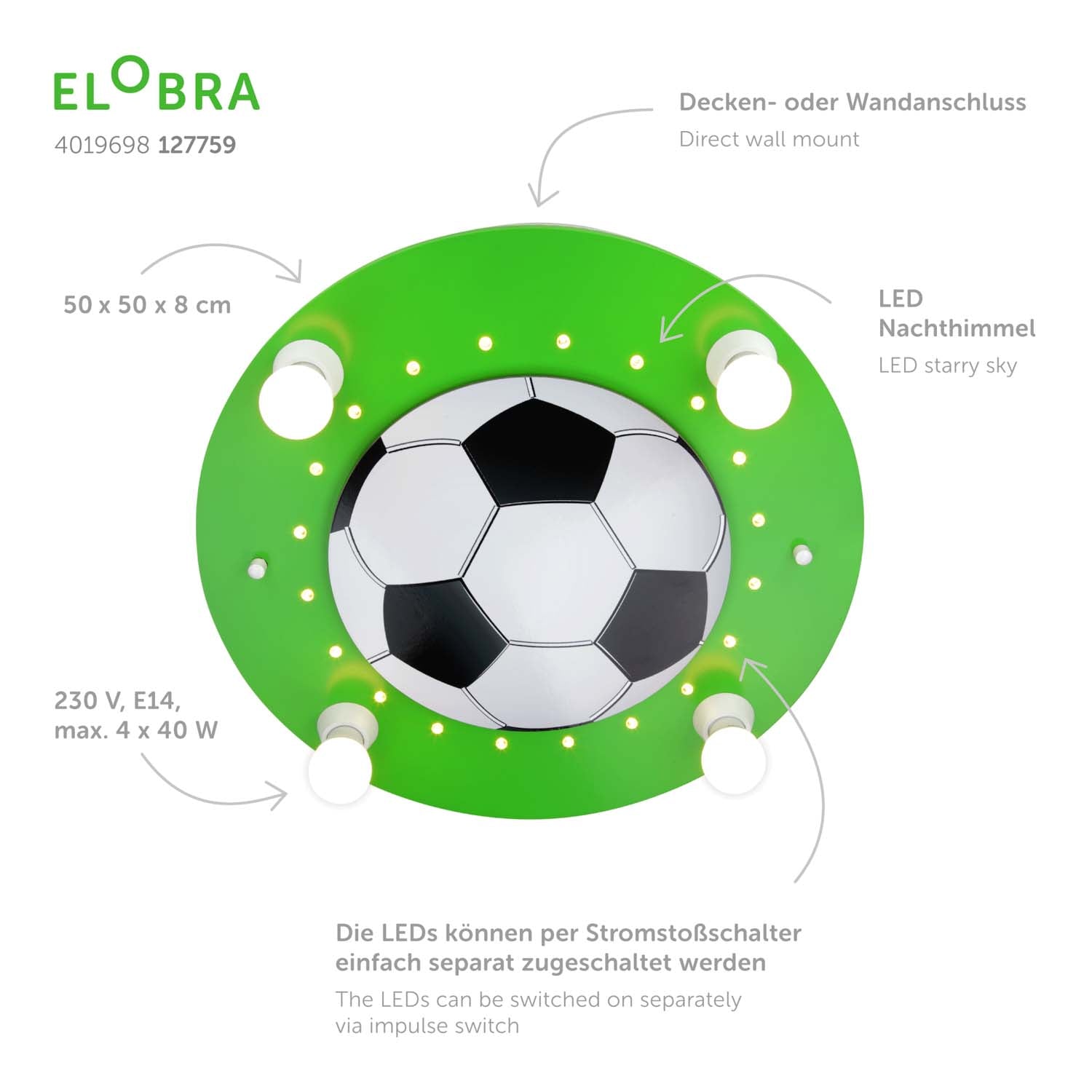 Elobra Deckenleuchten Kids Fußball Deckenleuchte Holz grün-weiß