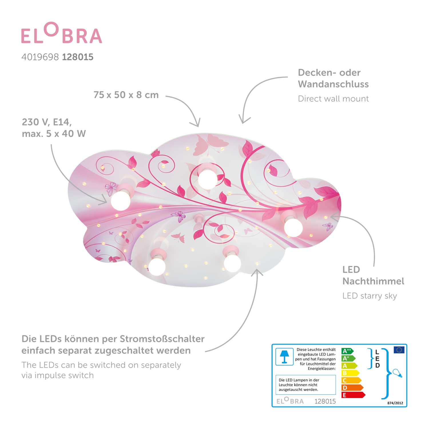 Elobra Kids Wolke Blume-Phantasie Deckenleuchte rosa LED