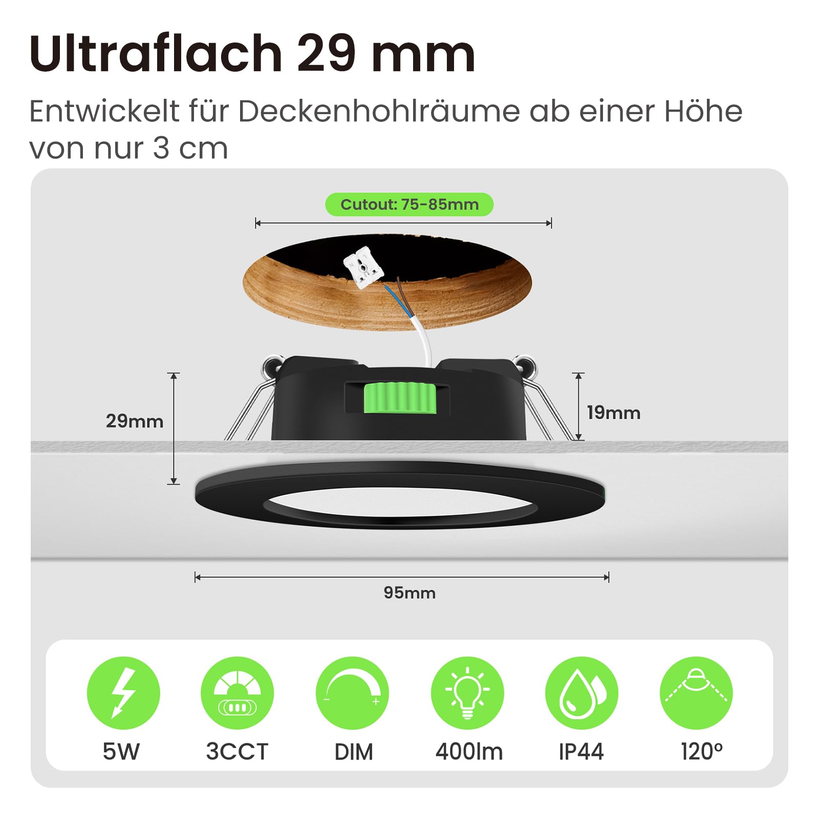 Alusso Einbaustrahler LED dimmbar schwarz 6 Stück IP44