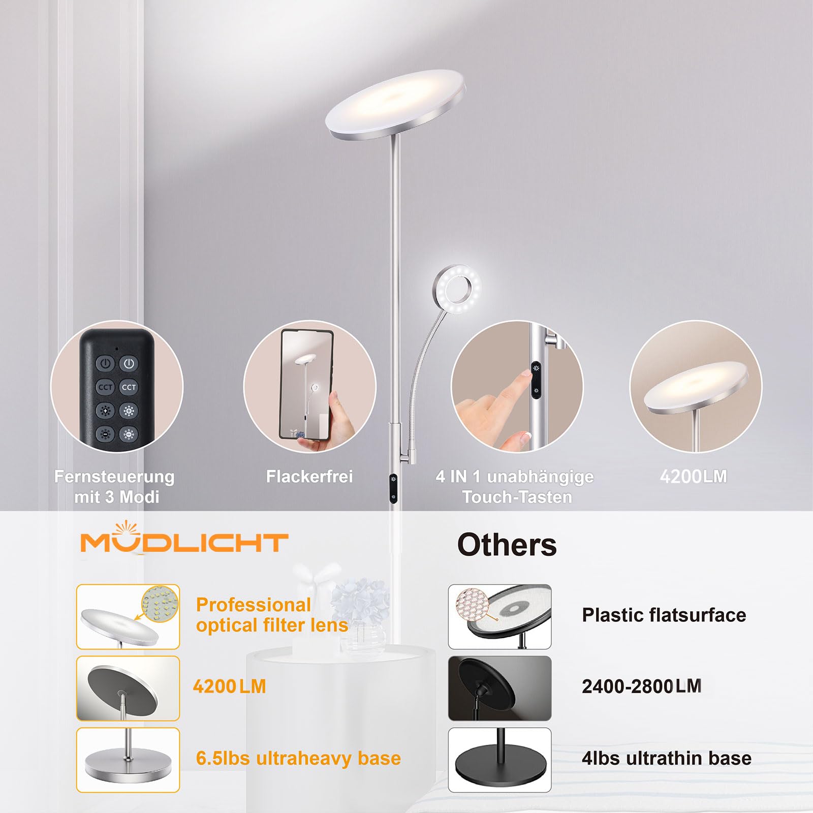 Modlicht Stehlampe LED 35W Silber dimmbar mit Leselampe