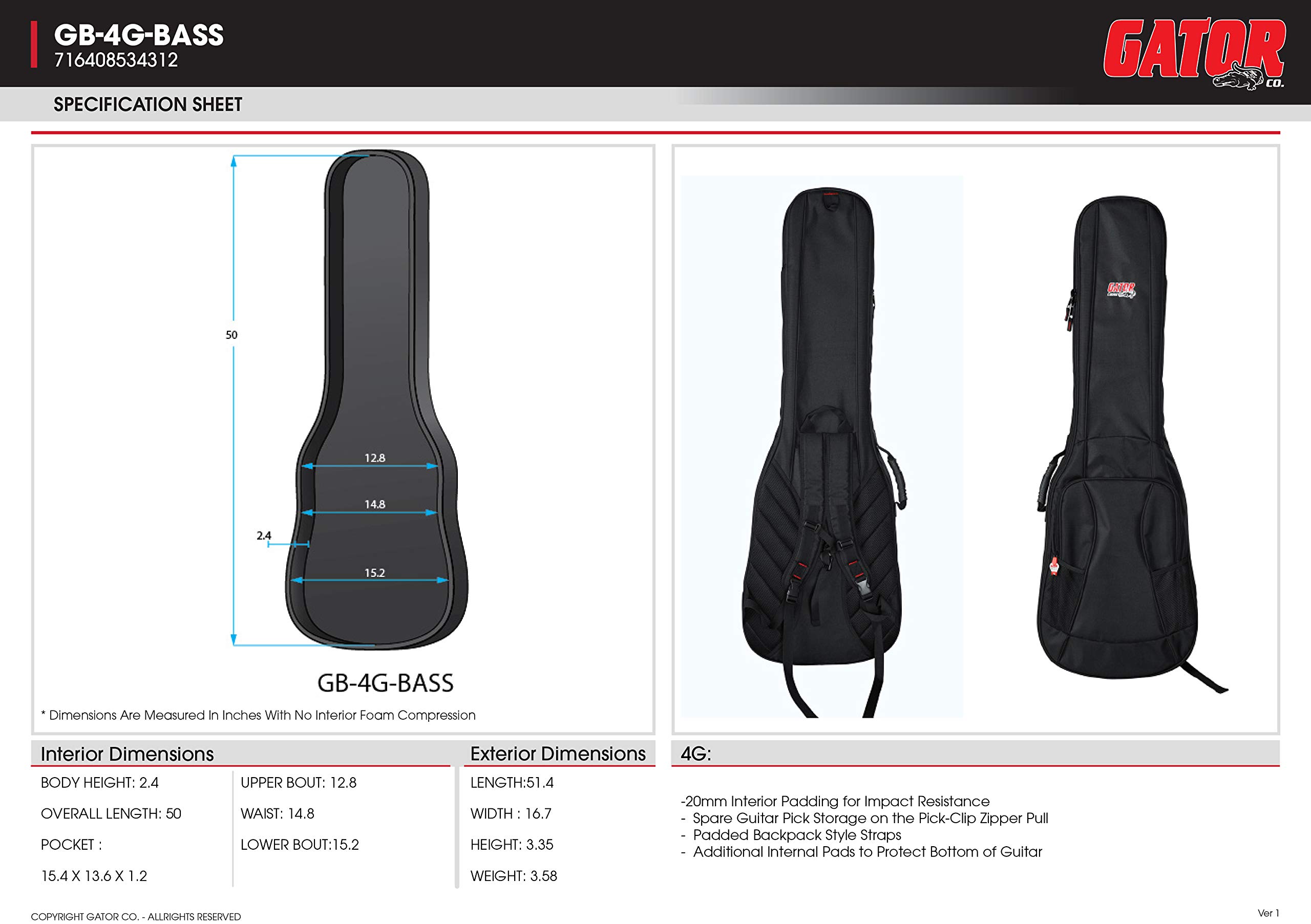 Gator GB-4G-BASS E-Bass Gigbag Schwarz 20 mm Rucksackgurte