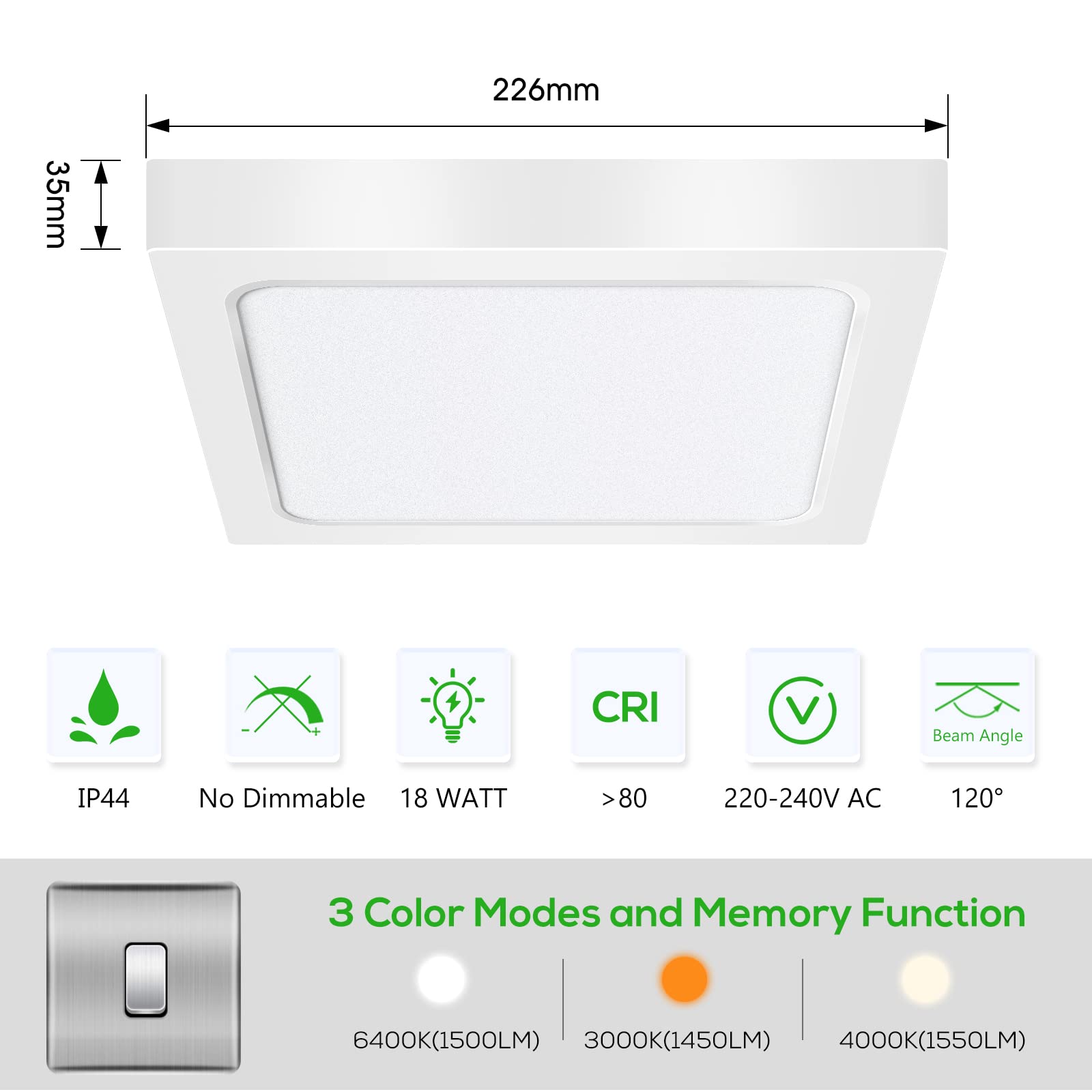 Alusso Recessed Deckenleuchte 18W quadratisch IP44 3-farbig