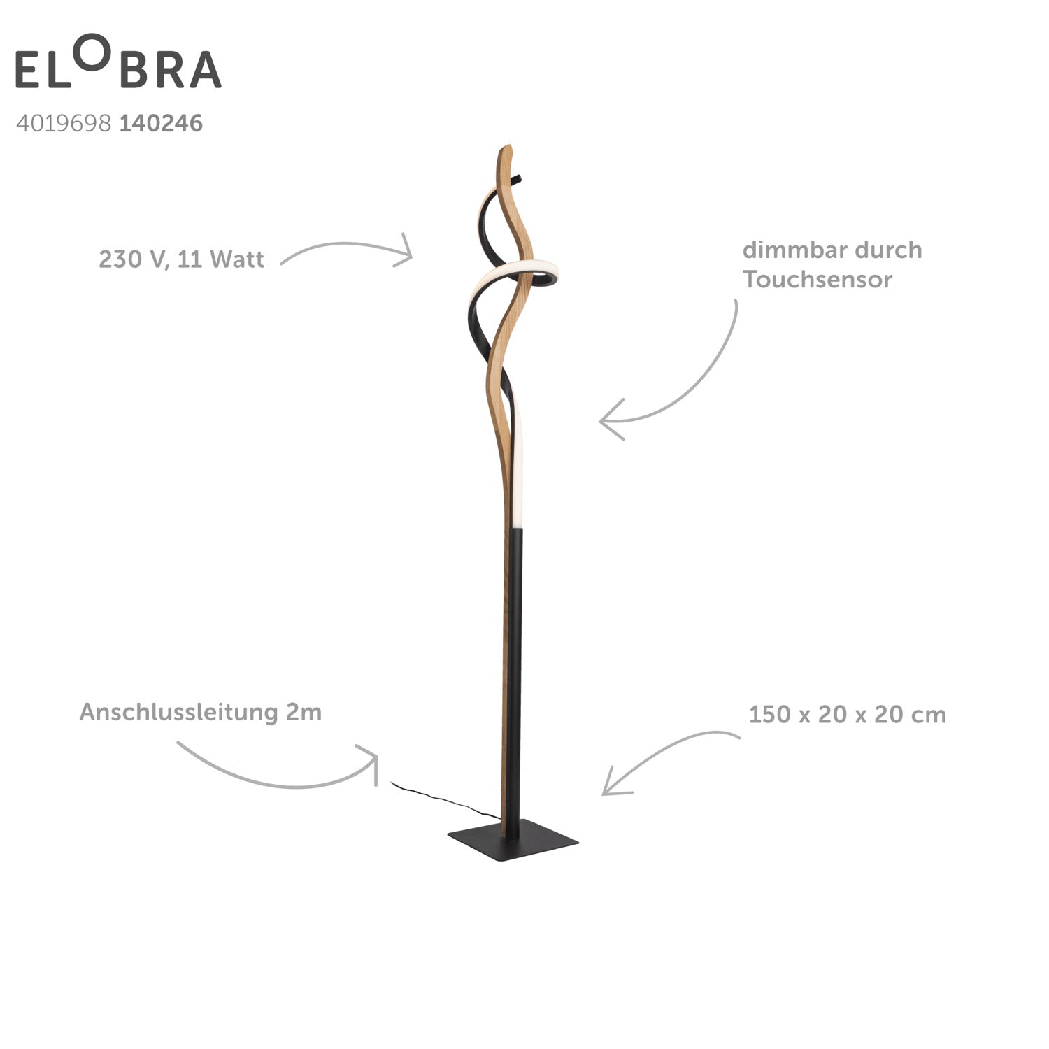 Elobra Living Argentina Stehleuchte Eiche 150 cm dimmbar