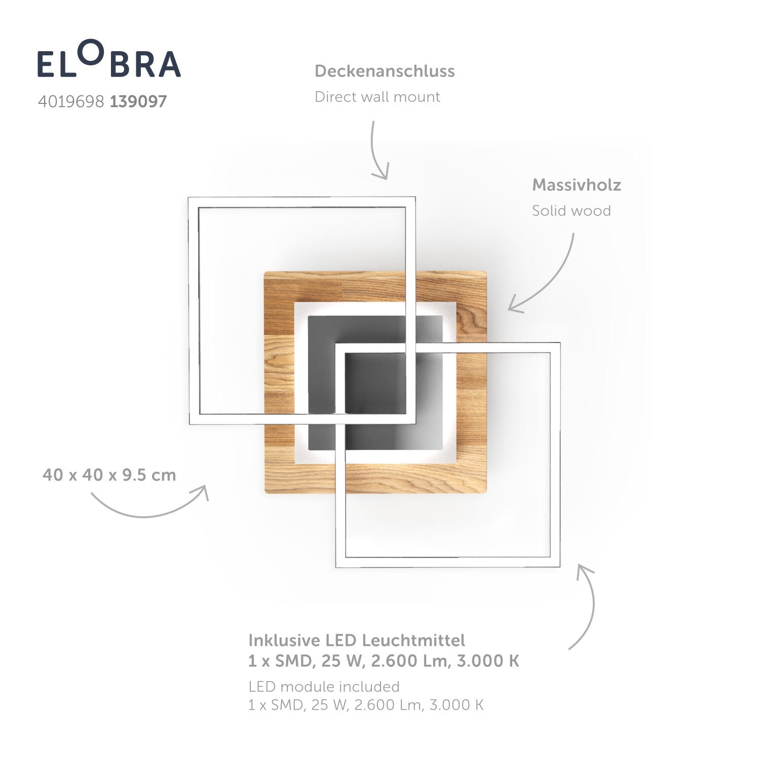 Elobra Living Panama M Deckenleuchte Eiche 40 cm dimmbar