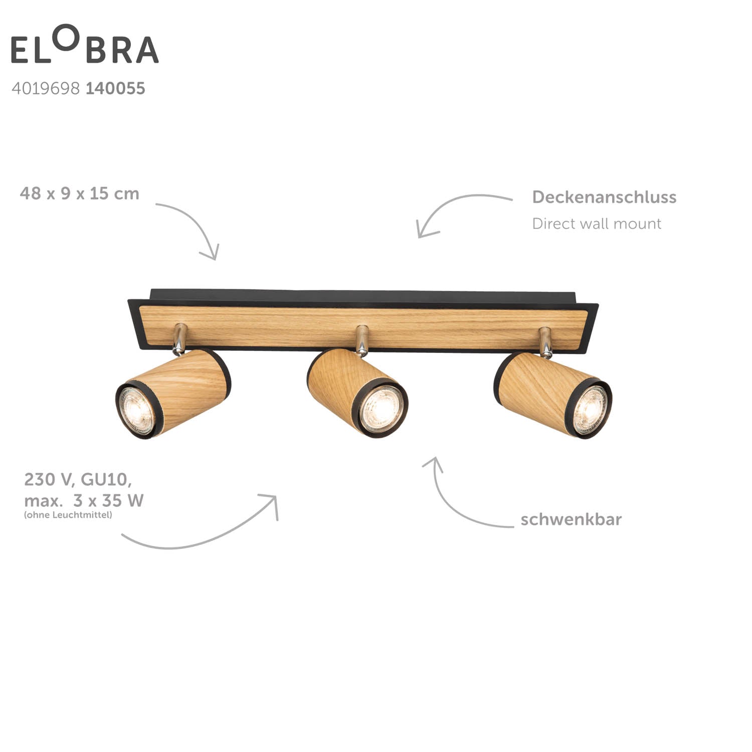 Elobra Living Deckenleuchte Bolivia 3 Eiche schwenkbar