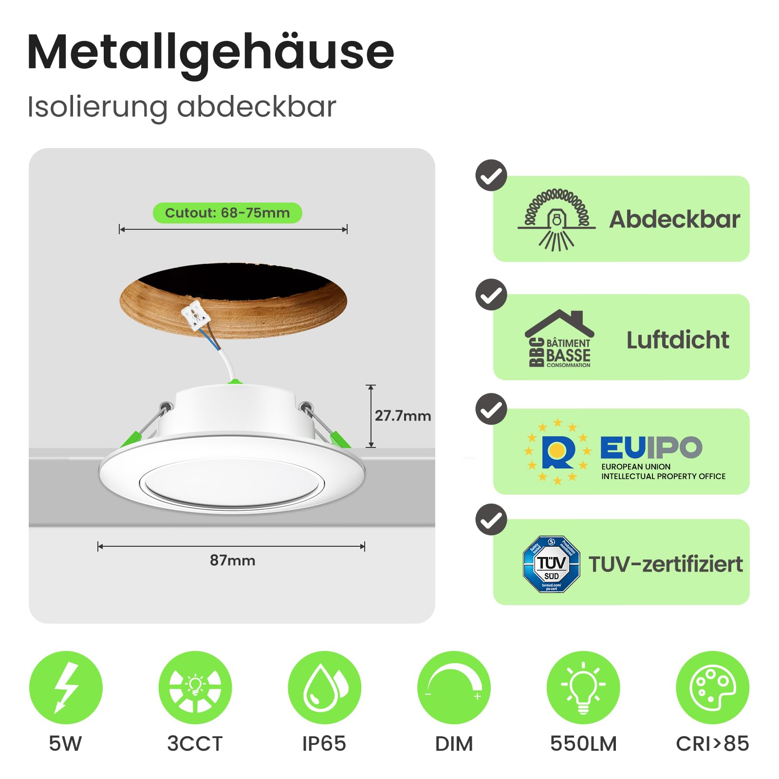 Alusso Einbaustrahler Rund Weiß 5W IP65 3CCT dimmbar