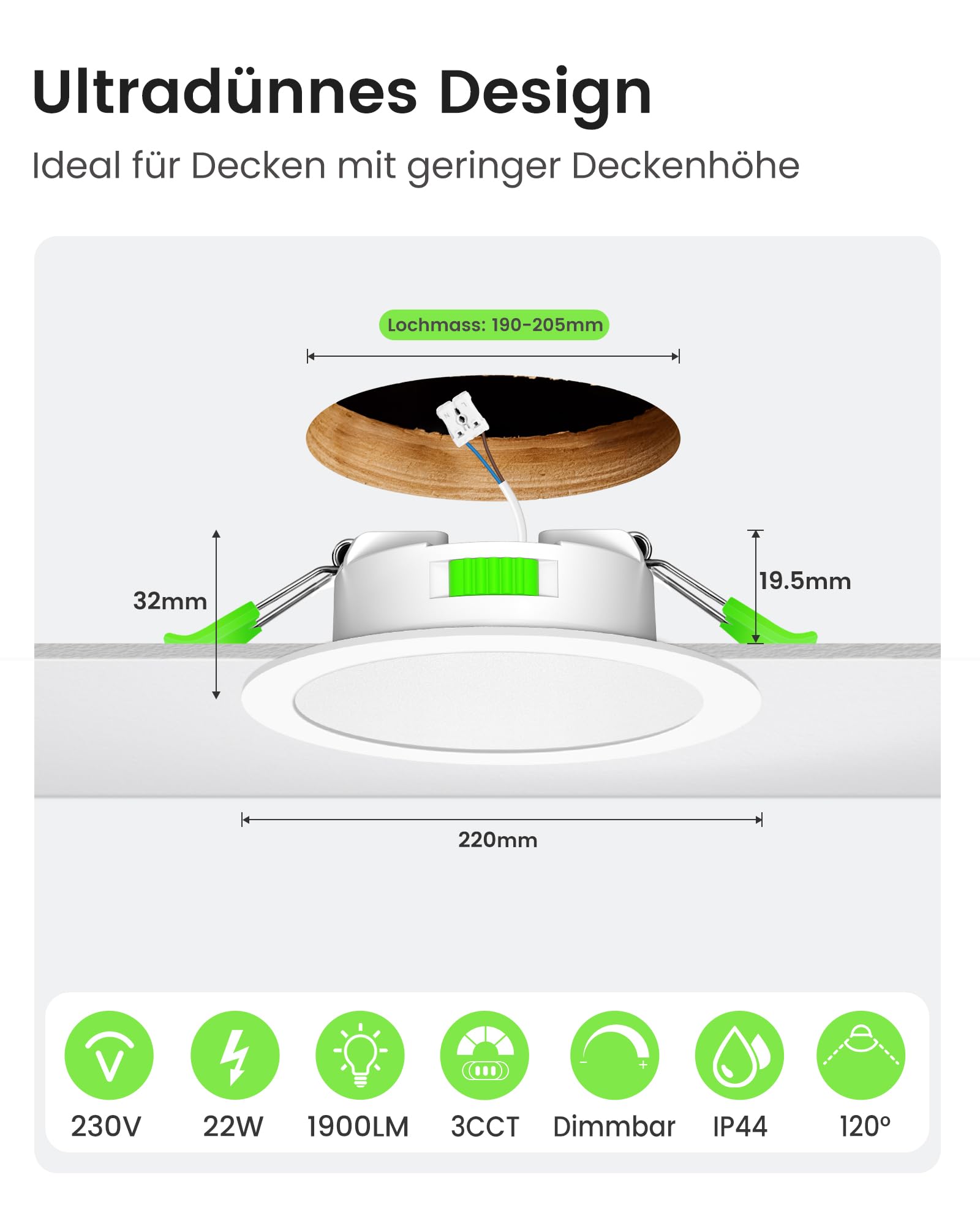 Alusso Recessed 22W Einbaustrahler 6er-Set 3CCT dimmbar IP44