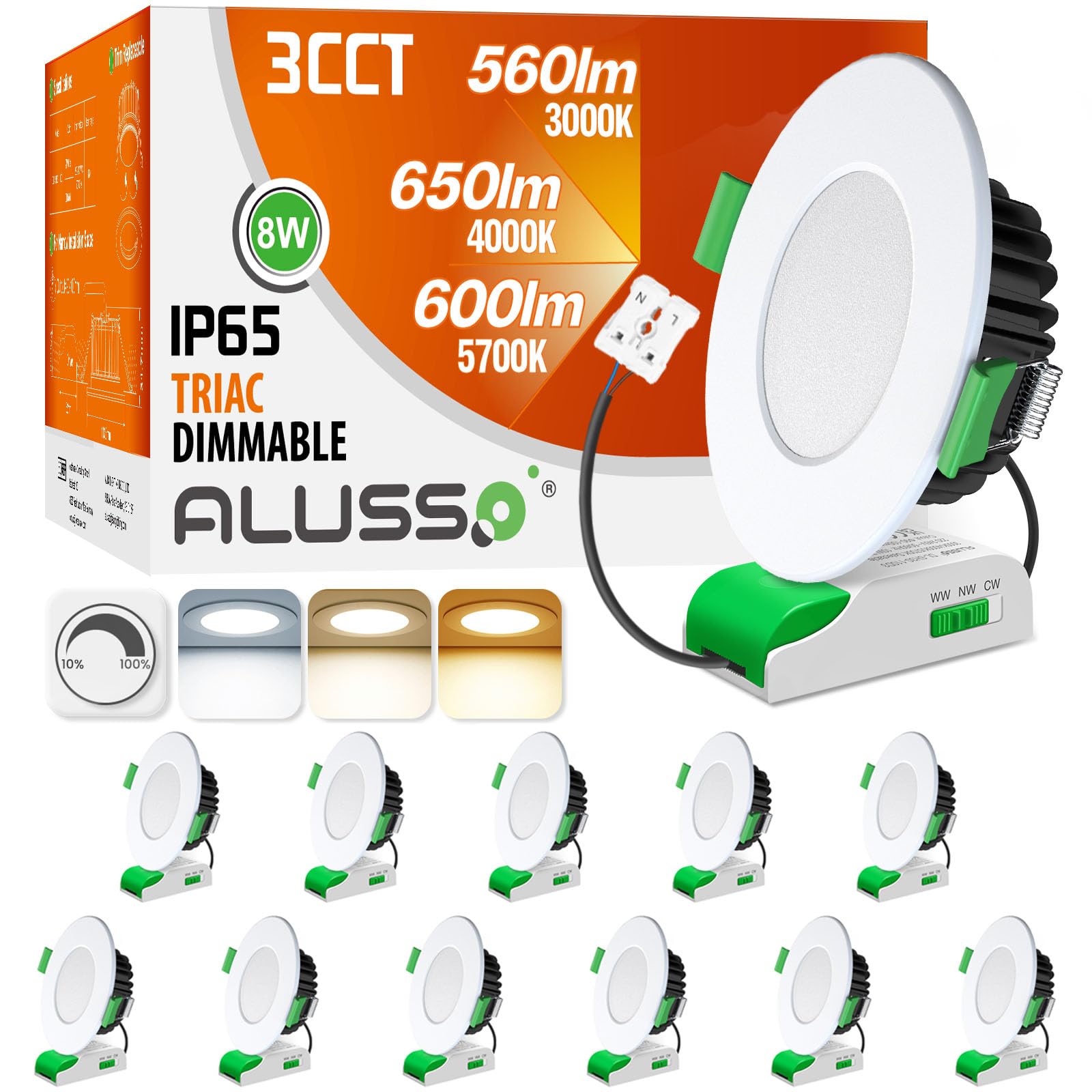 Alusso Einbaustrahler 8W IP44 weiß 6er Set 75-85mm 3CCT