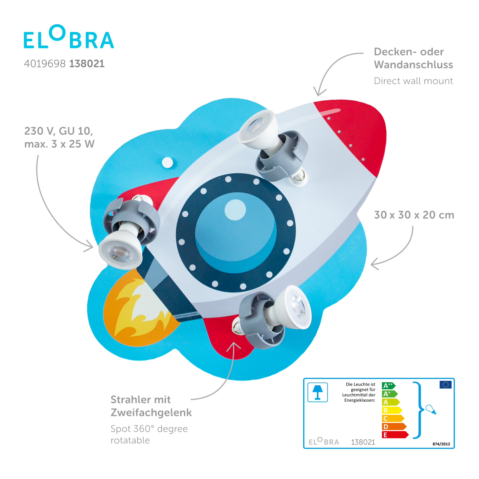 Elobra Kids 3er Spot Rondell Rakete Deckenleuchte lila