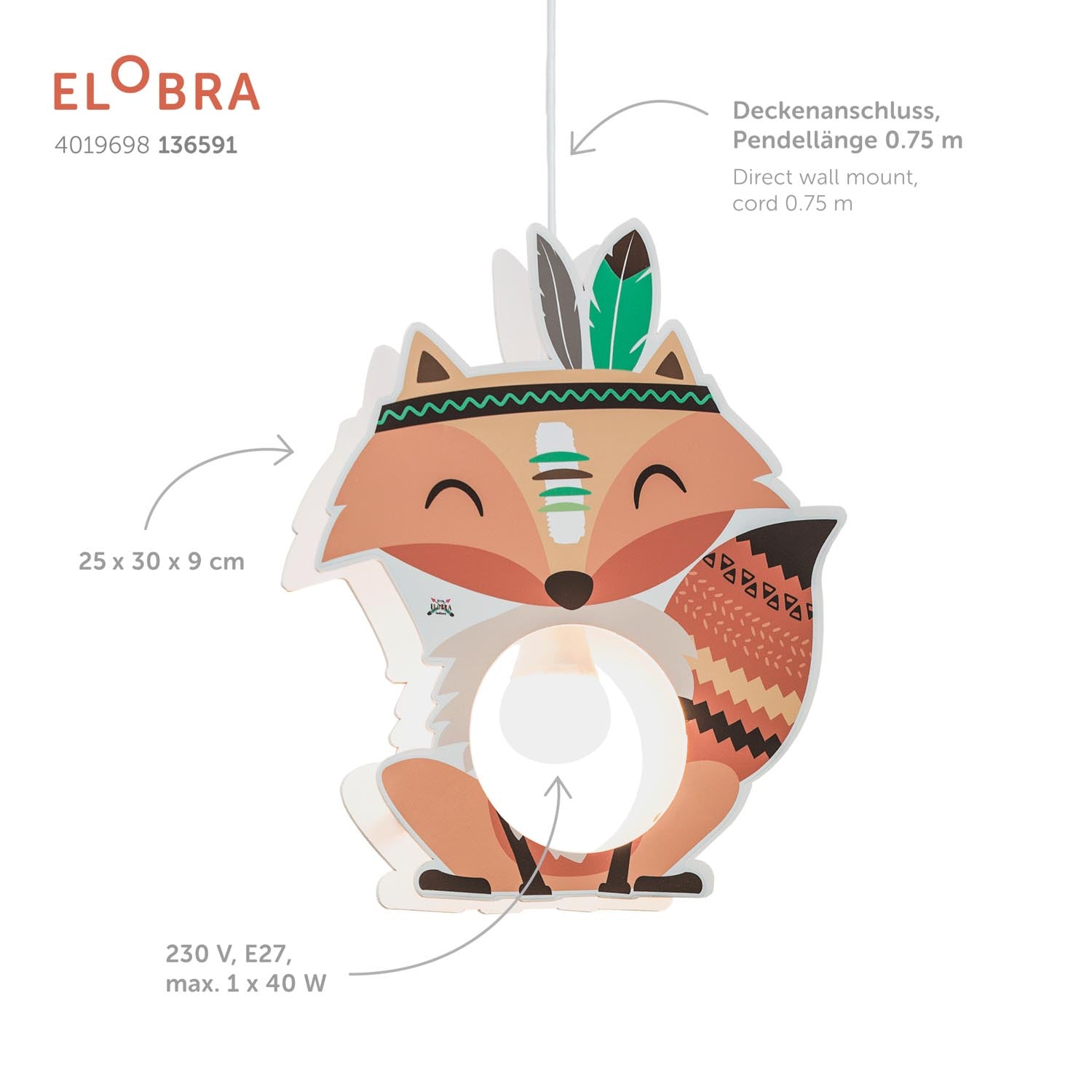 Elobra Little Indians Fuchs Filip Pendelleuchte Holz orange