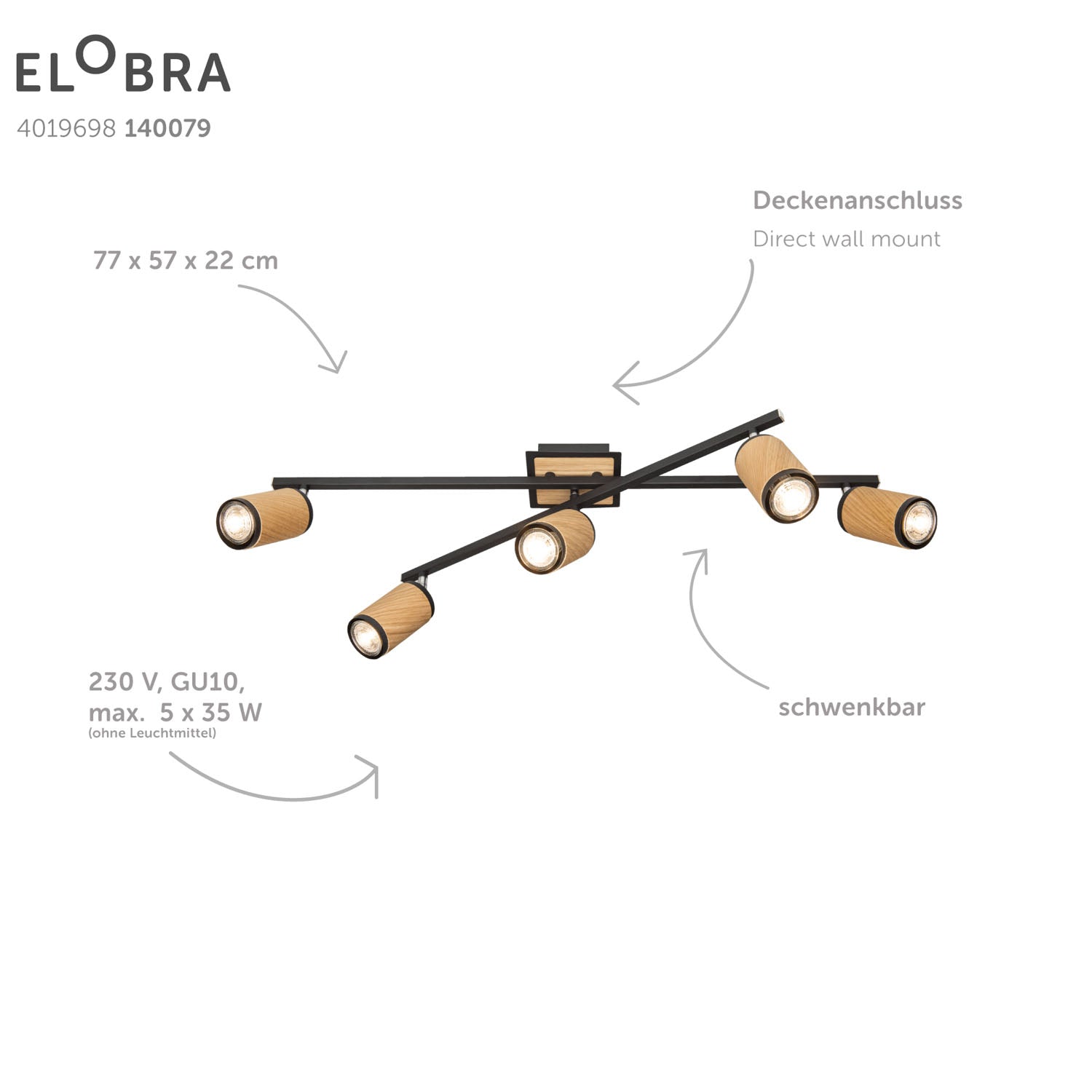 Elobra Living Deckenleuchte Bolivia 5 Spot Eiche 5-flammig