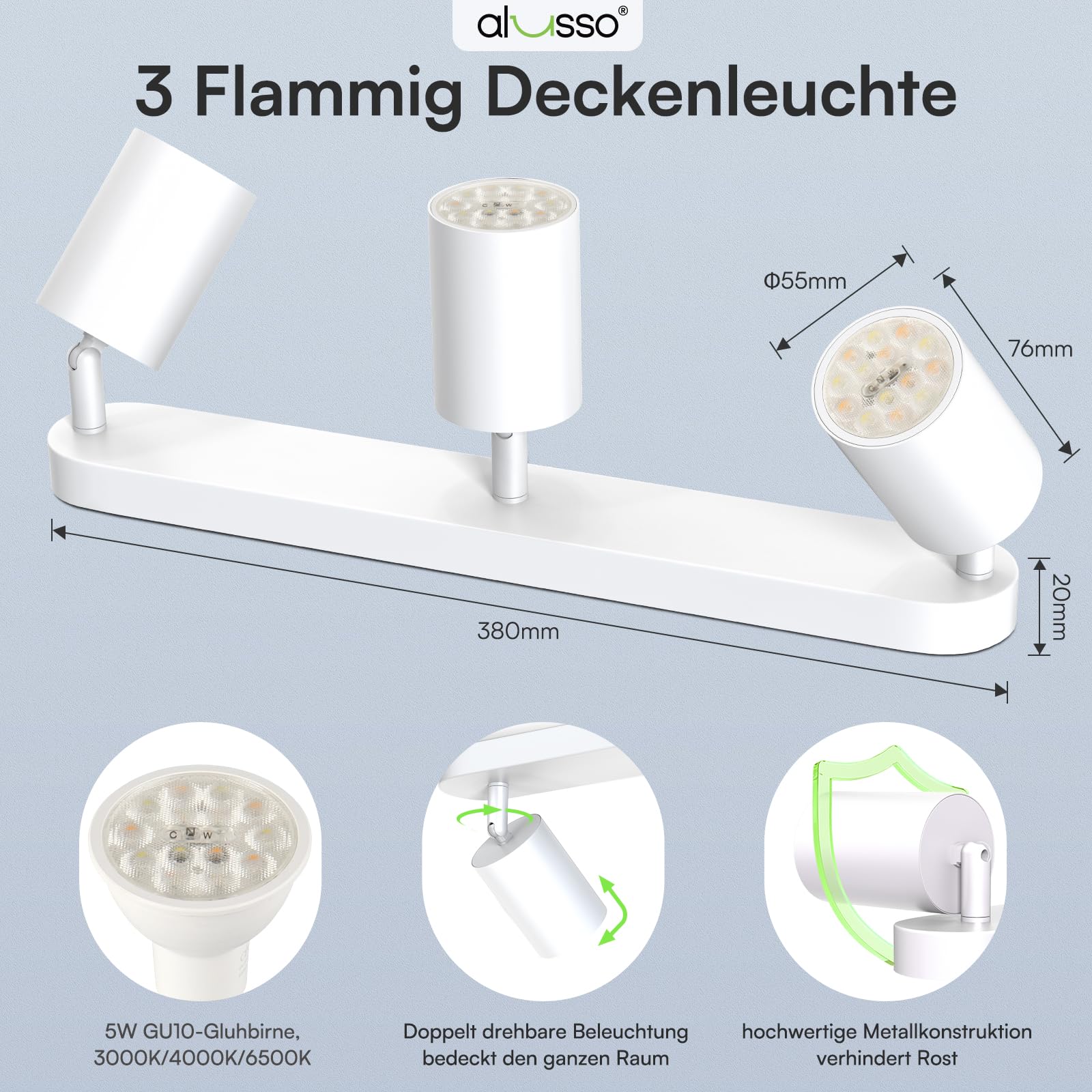 Alusso Deckenstrahler 3-flammig Weiß 5W GU10 schwenkbar