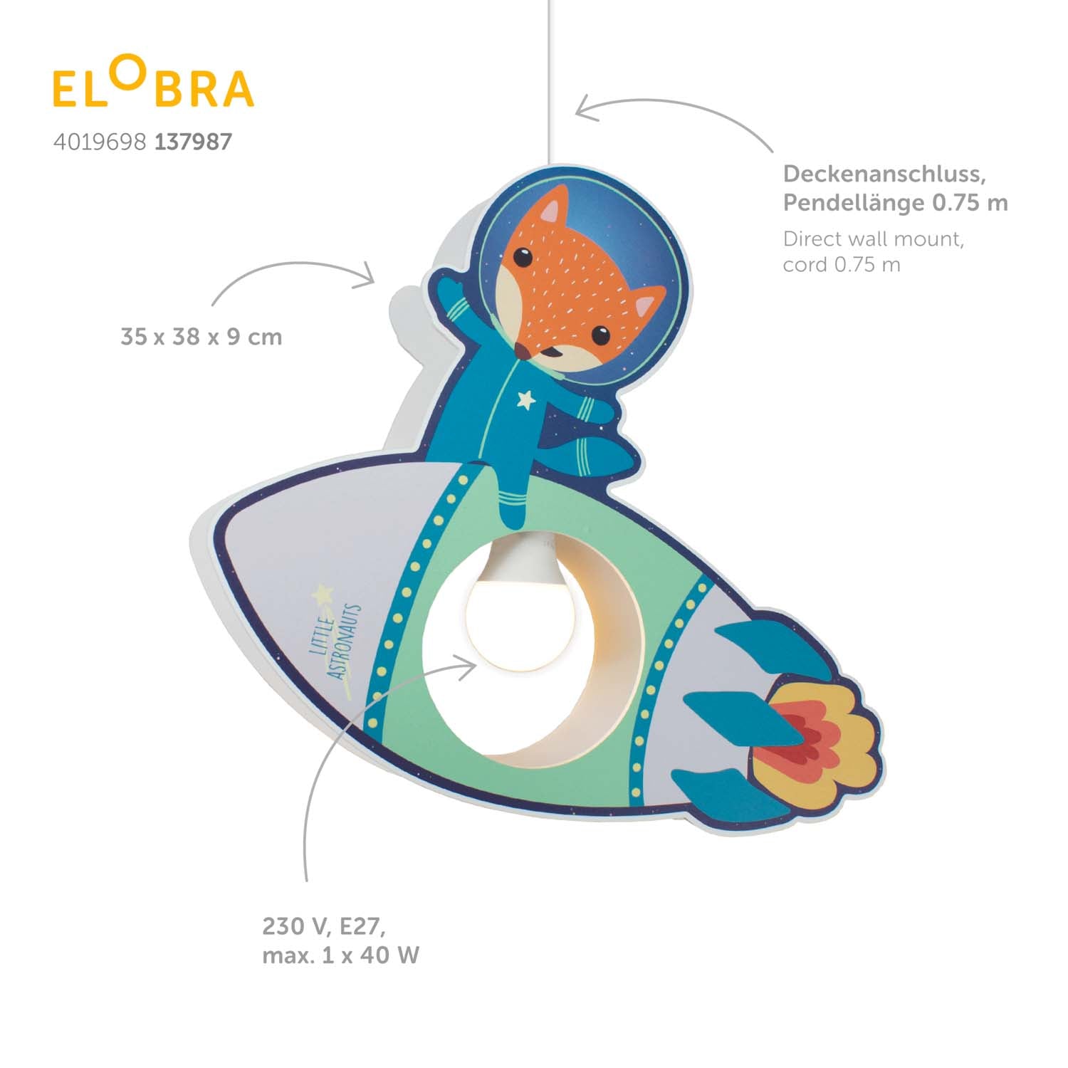 Elobra Little Astronauts Pendelleuchte Rakete Petrol