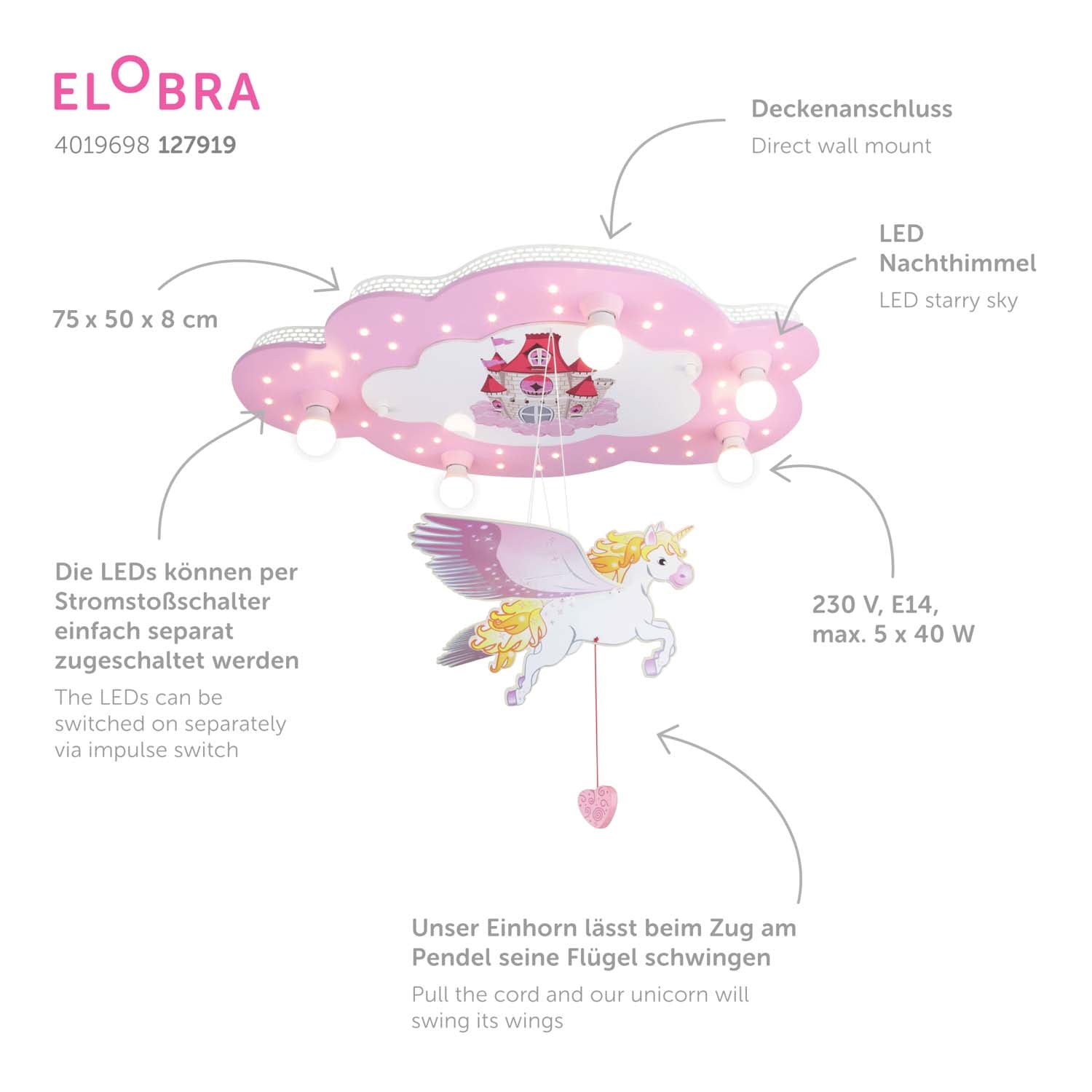 Elobra Kids Schloss Einhorn Bildwolke Deckenleuchte rosa