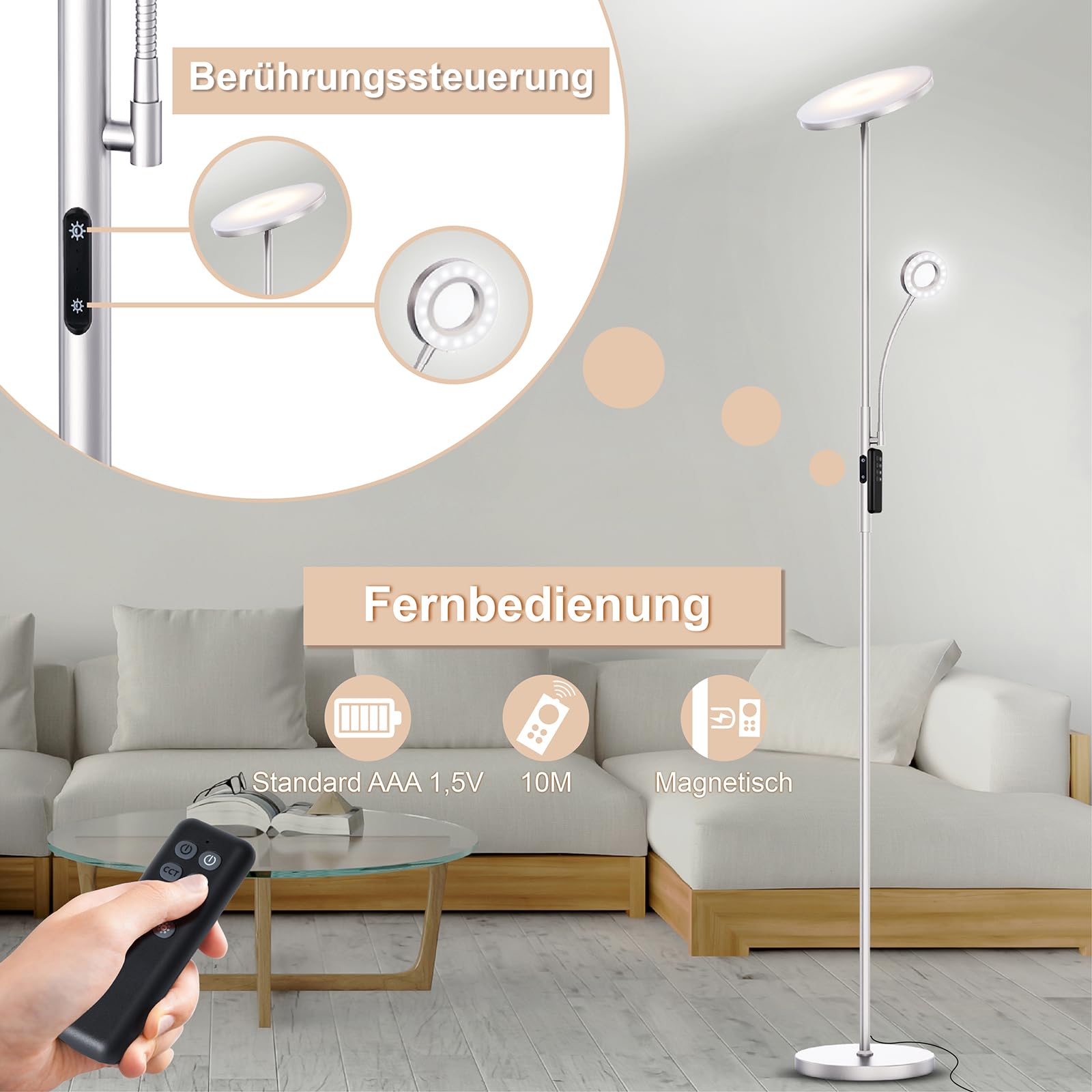 Modlicht Stehlampe LED 35W Silber dimmbar mit Leselampe