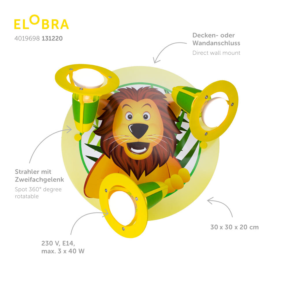 Elobra Kids Löwe 3er Spot Rondell Deckenleuchte grün