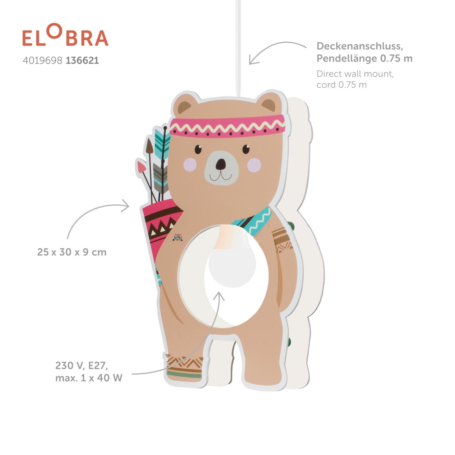Elobra Kids Little Indians Bär Bjørn Pendelleuchte braun