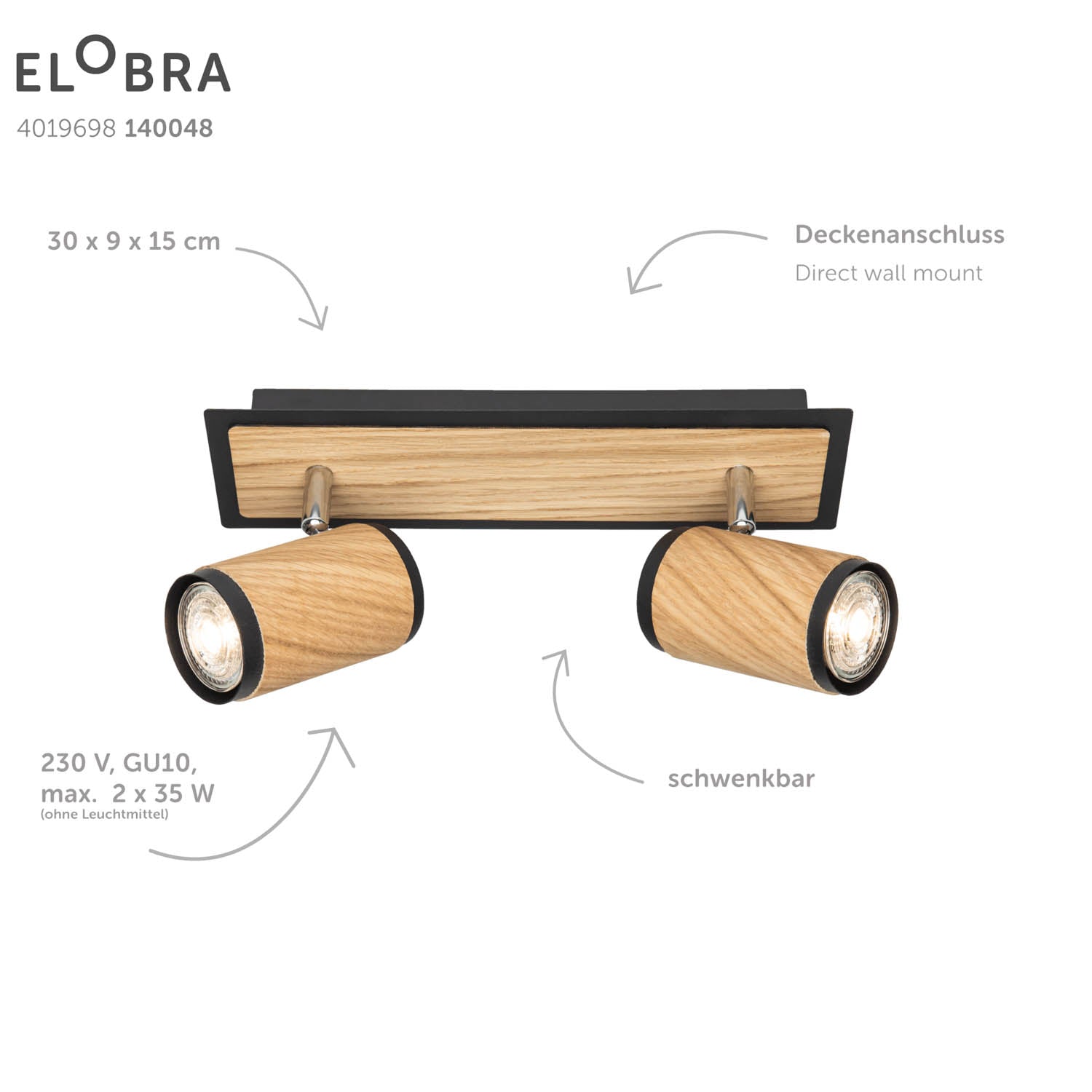 Elobra Living Bolivia 2 Deckenleuchte Eiche Holz GU10
