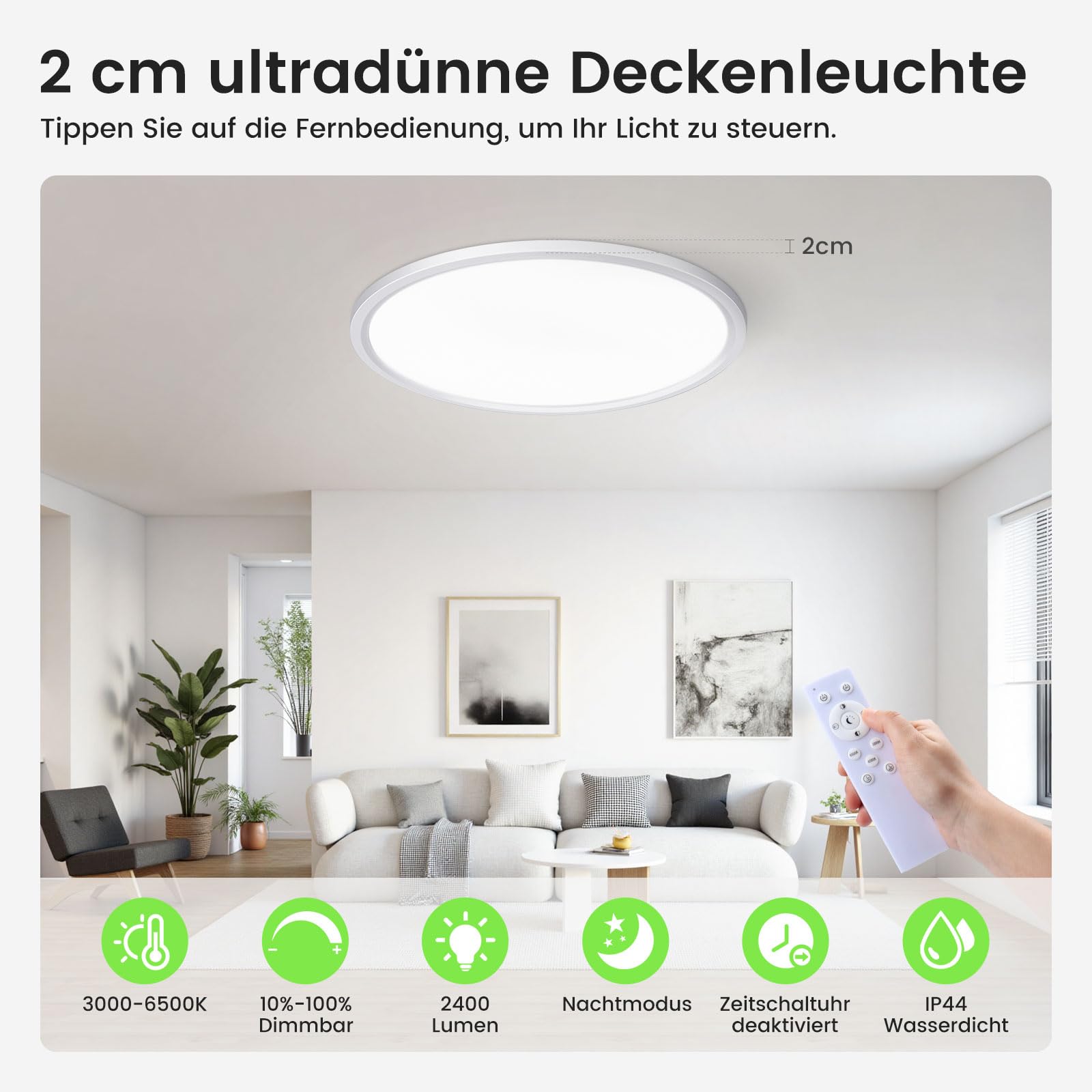 ALUSSO Deckenleuchte 24W LED Flach Fernbedienung Weiß