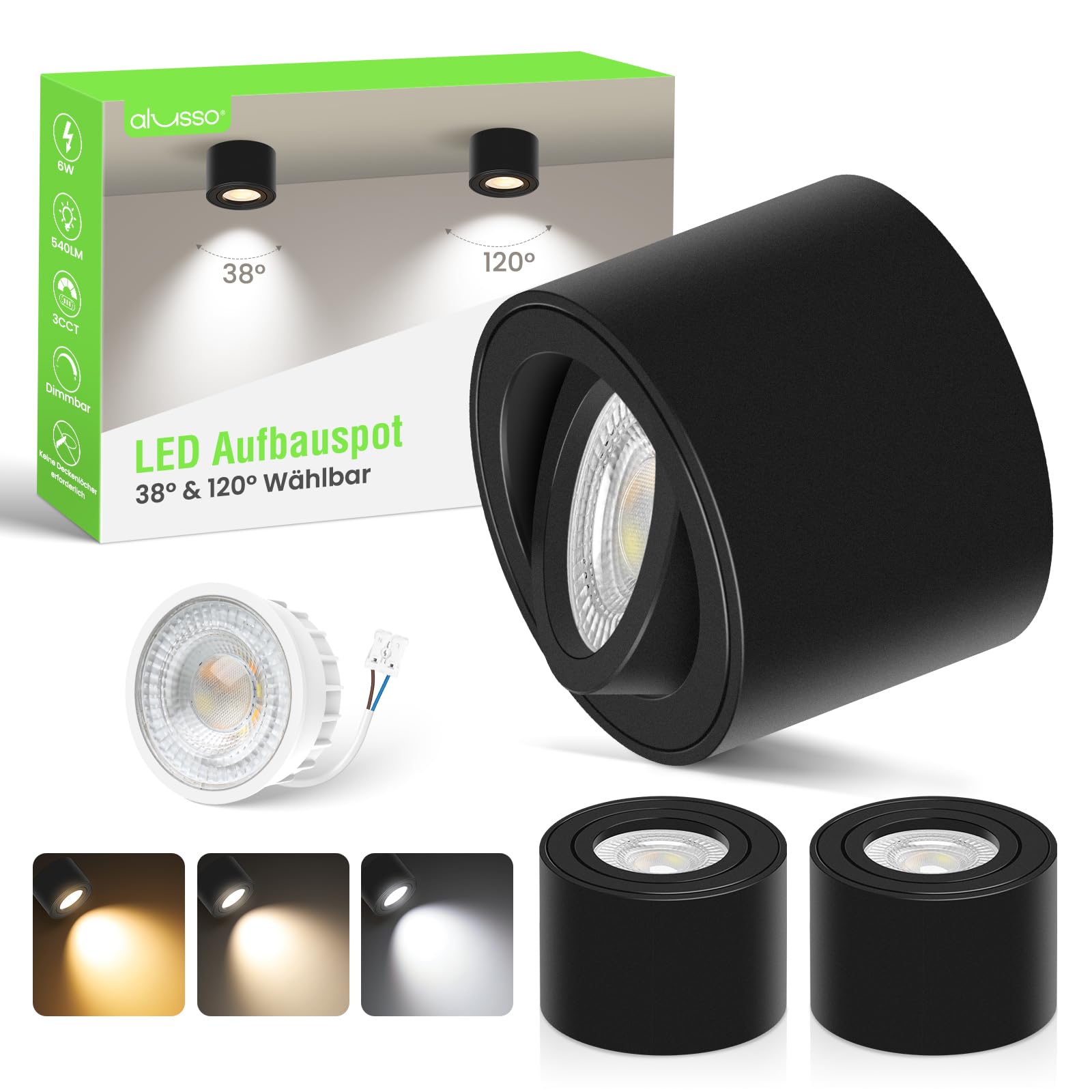 ALUSSO Aufbauspot Schwarz 6W 540LM dimmbar 3er-Pack 3CCT
