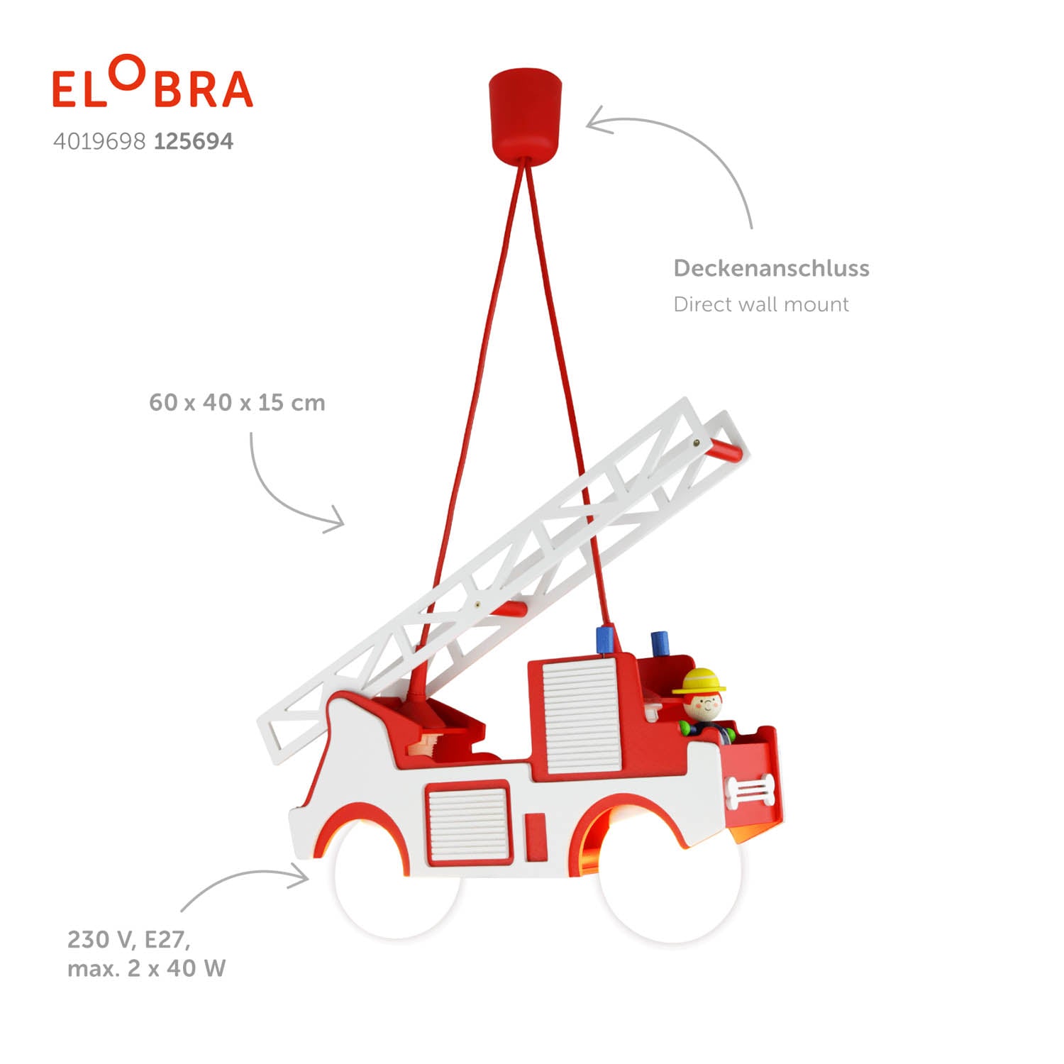 Elobra Kids Feuerwehr Fred Pendelleuchte rot-weiss Holz