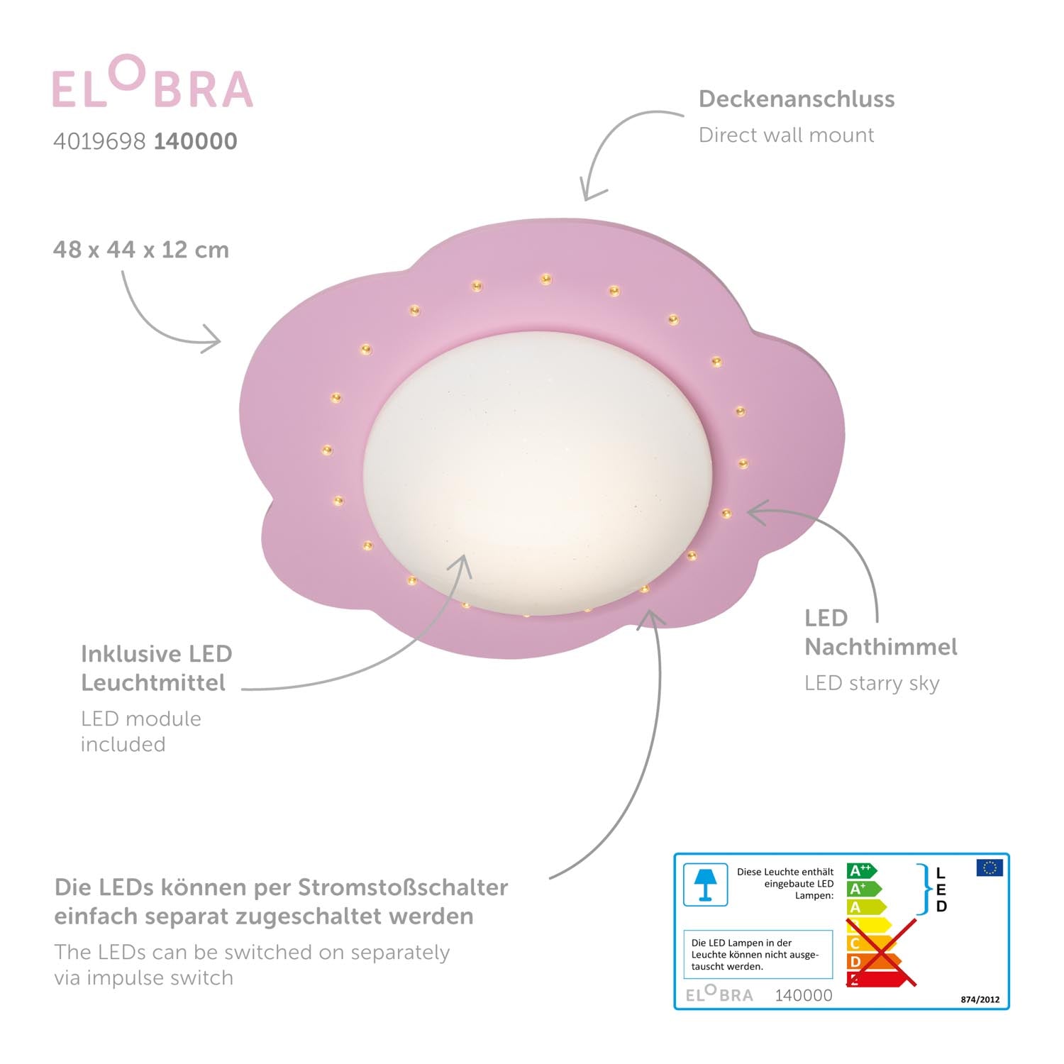 Elobra Deckenleuchten Kids LED Wolke-S Deckenleuchte rosa