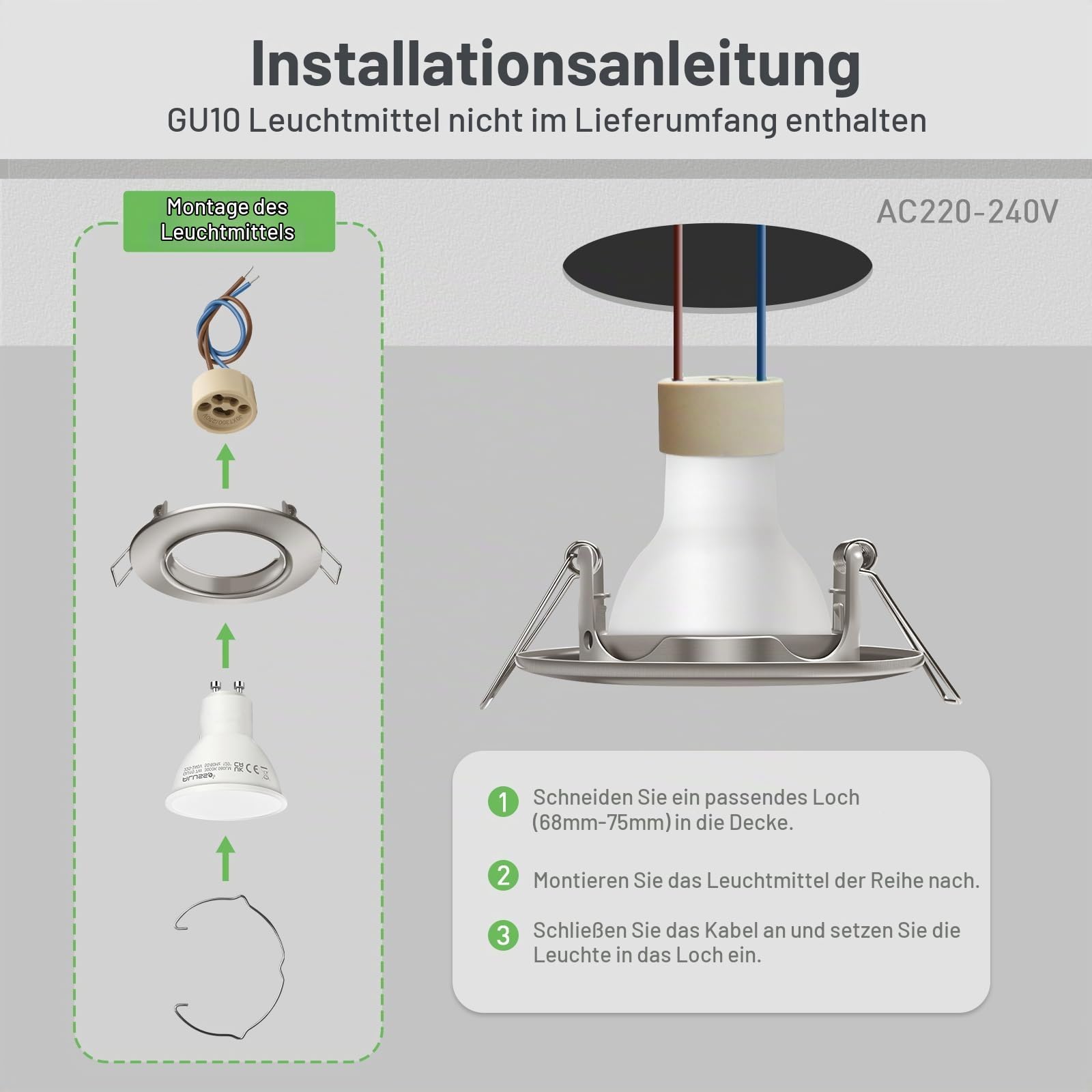 Alusso Recessed Einbaustrahler GU10 Rahmen Nickel Gebürstet 10er Set