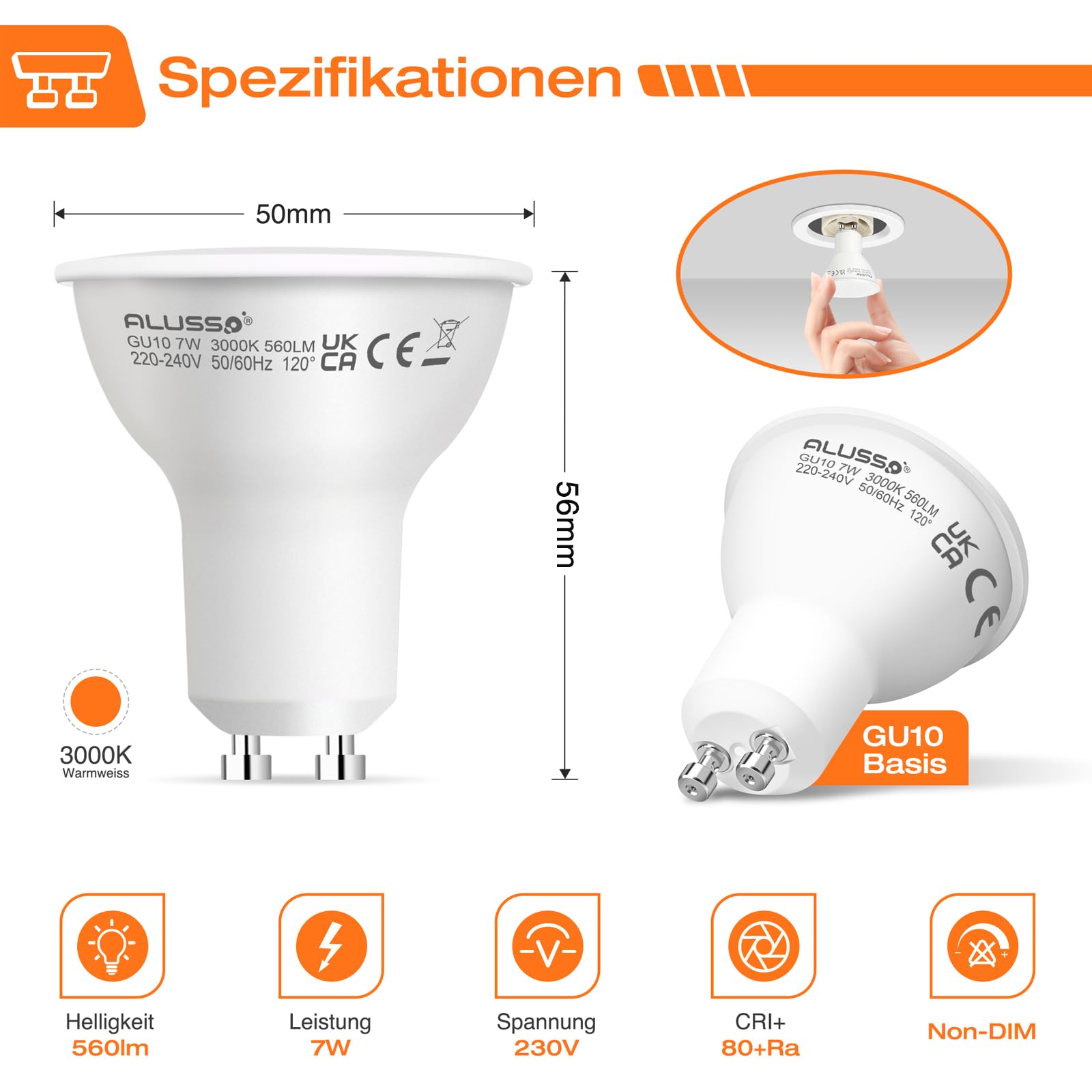 Alusso Bulb GU10 LED 7W Warmweiß 3000K 560LM 4 Stück