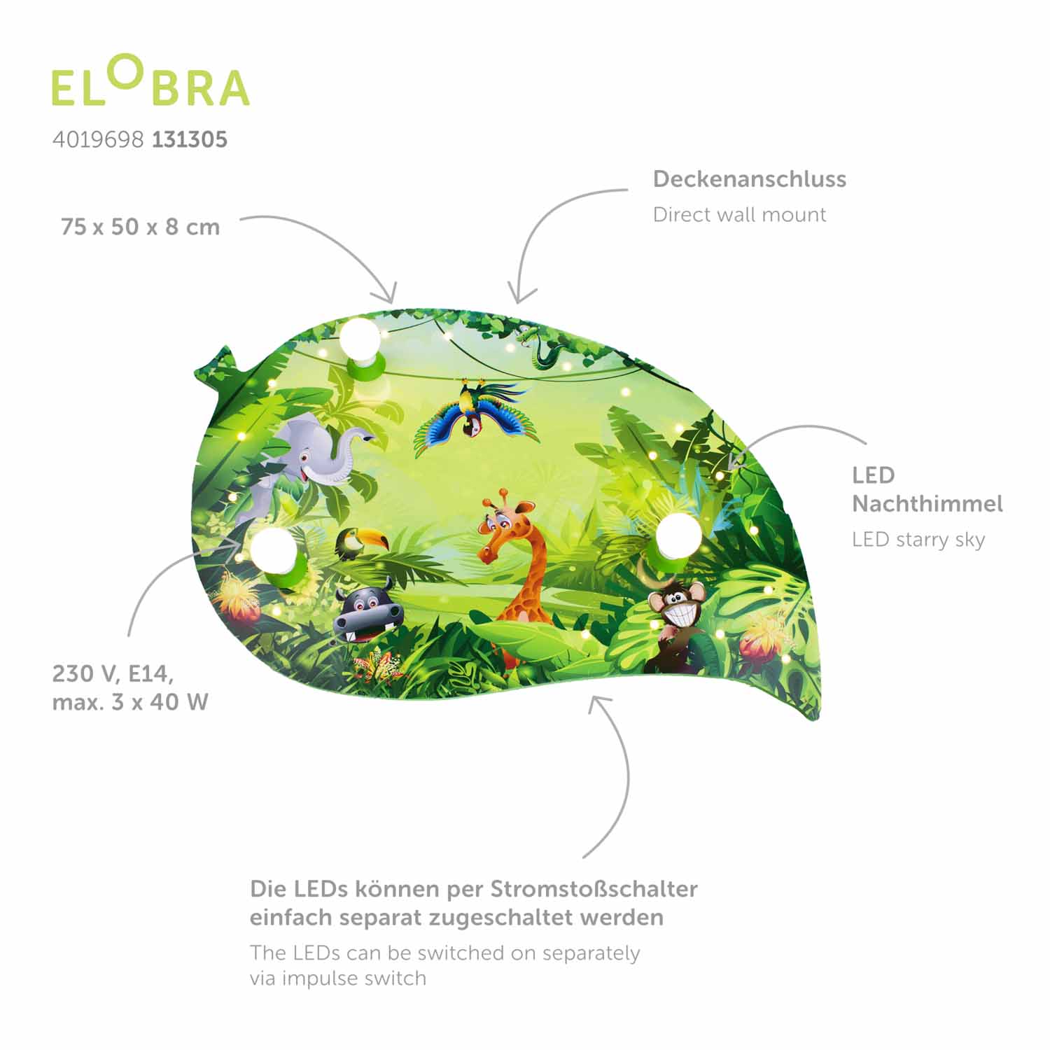 Elobra Kids Blatt Wildnis Deckenleuchte Holz grün Nachtlicht