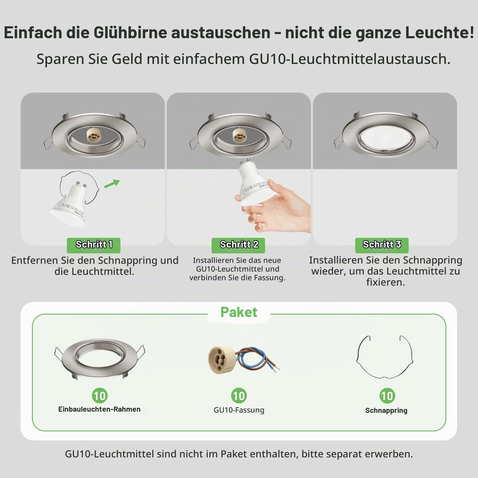 Alusso Recessed Einbaustrahler GU10 Rahmen Nickel Gebürstet 10er Set