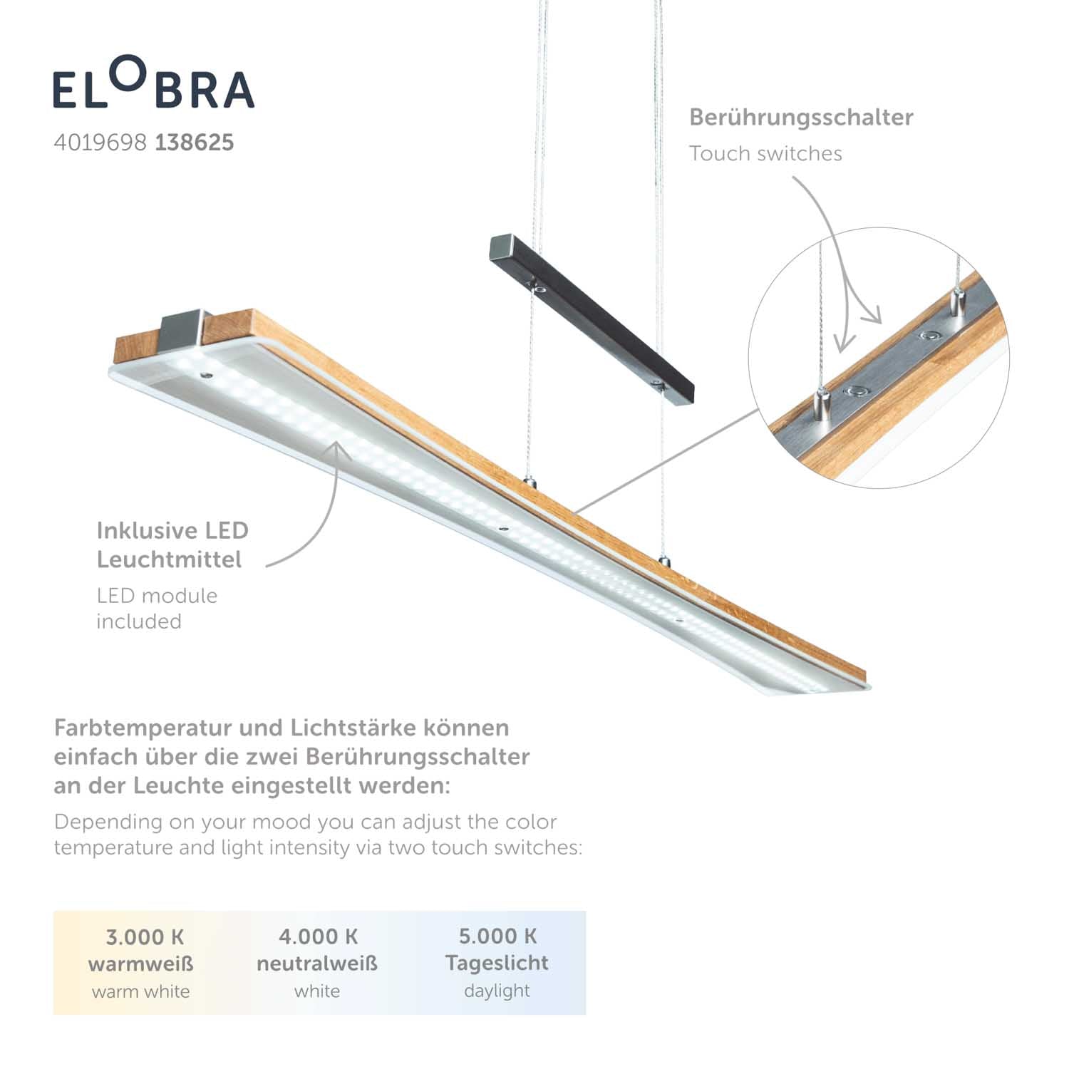 Elobra Living Panama Pendelleuchte Eiche dimmbar