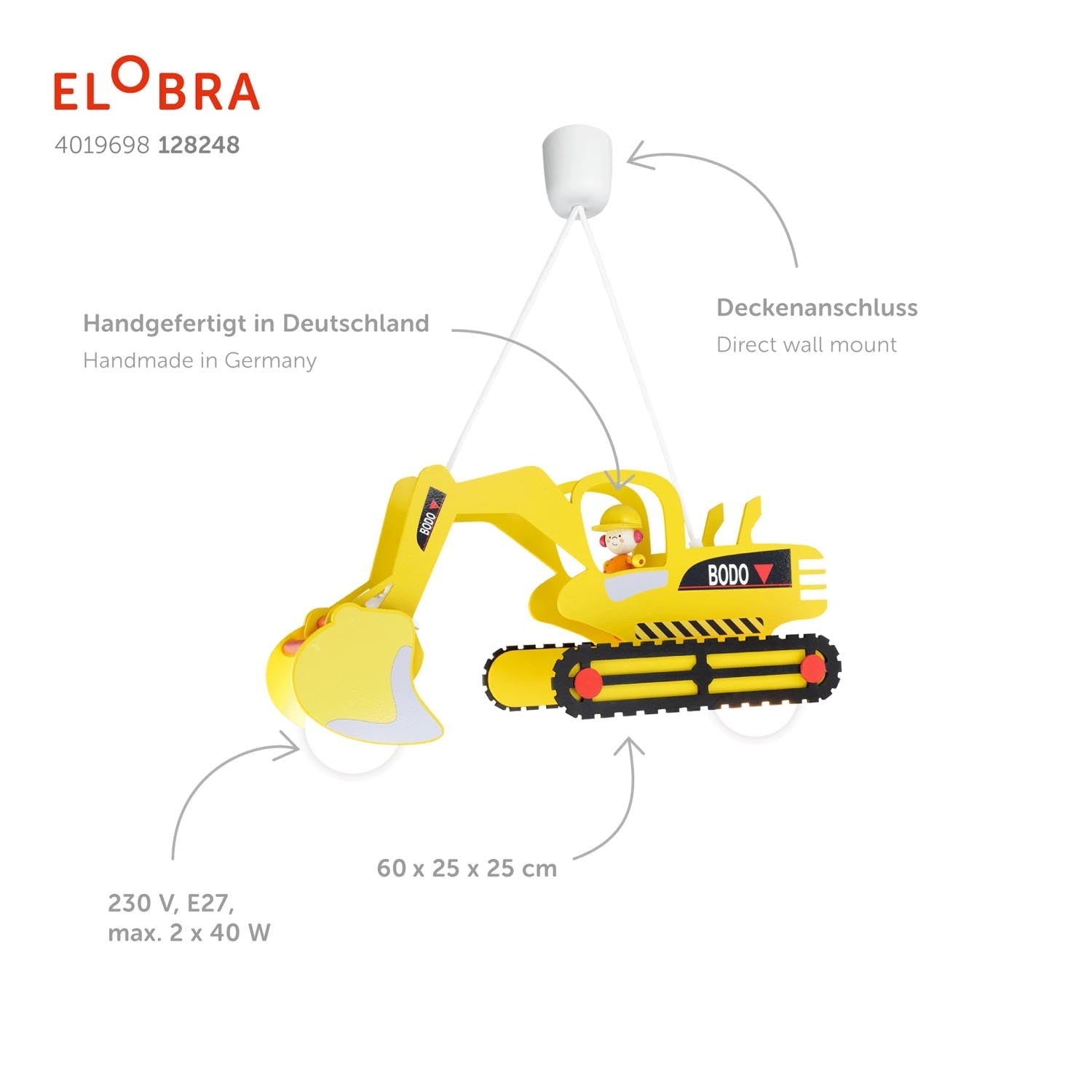 Elobra Bagger Bodo Pendelleuchte Hängelampe gelb Holz 2xE27