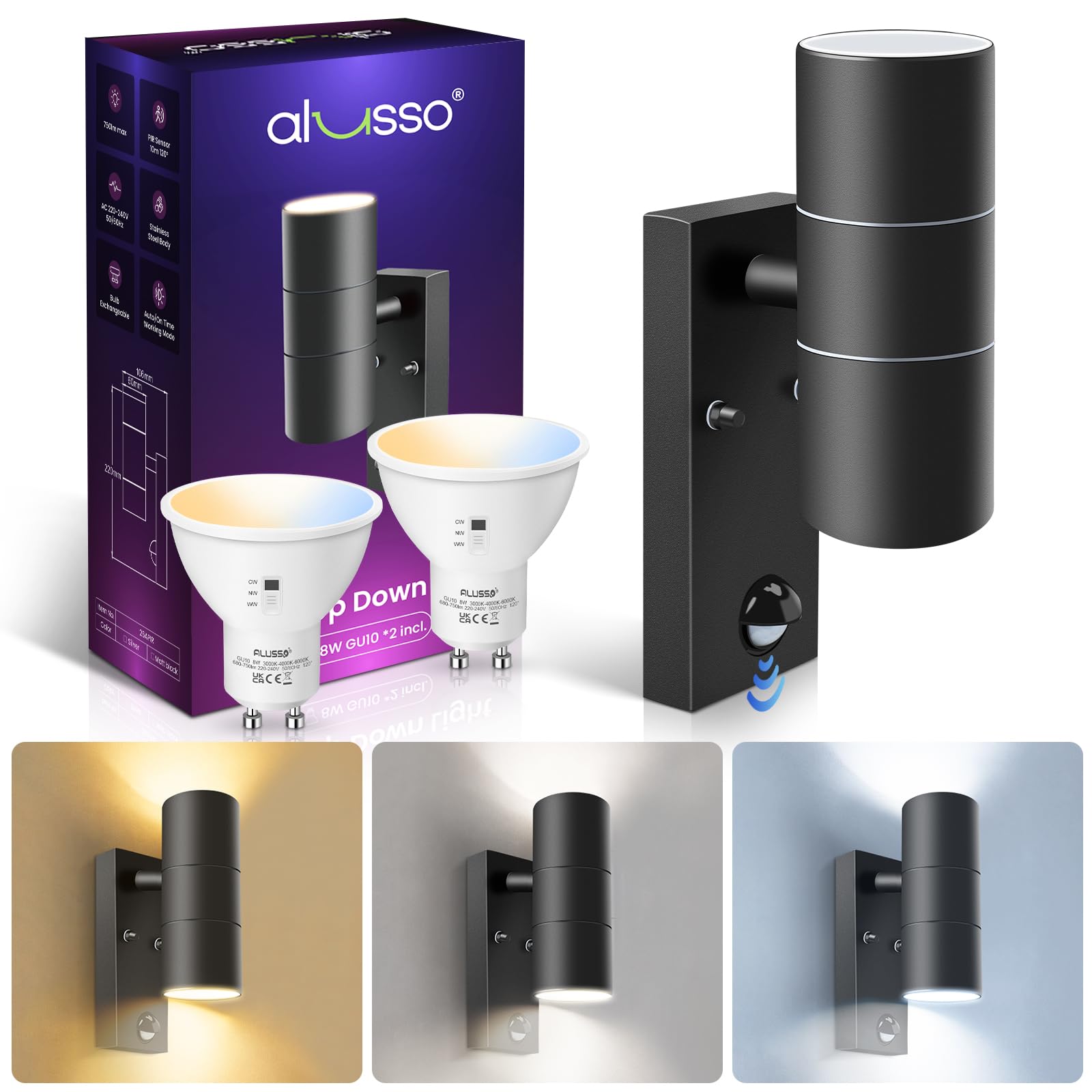 Alusso Security Light Außenwandleuchte Sensor schwarz 2x8W