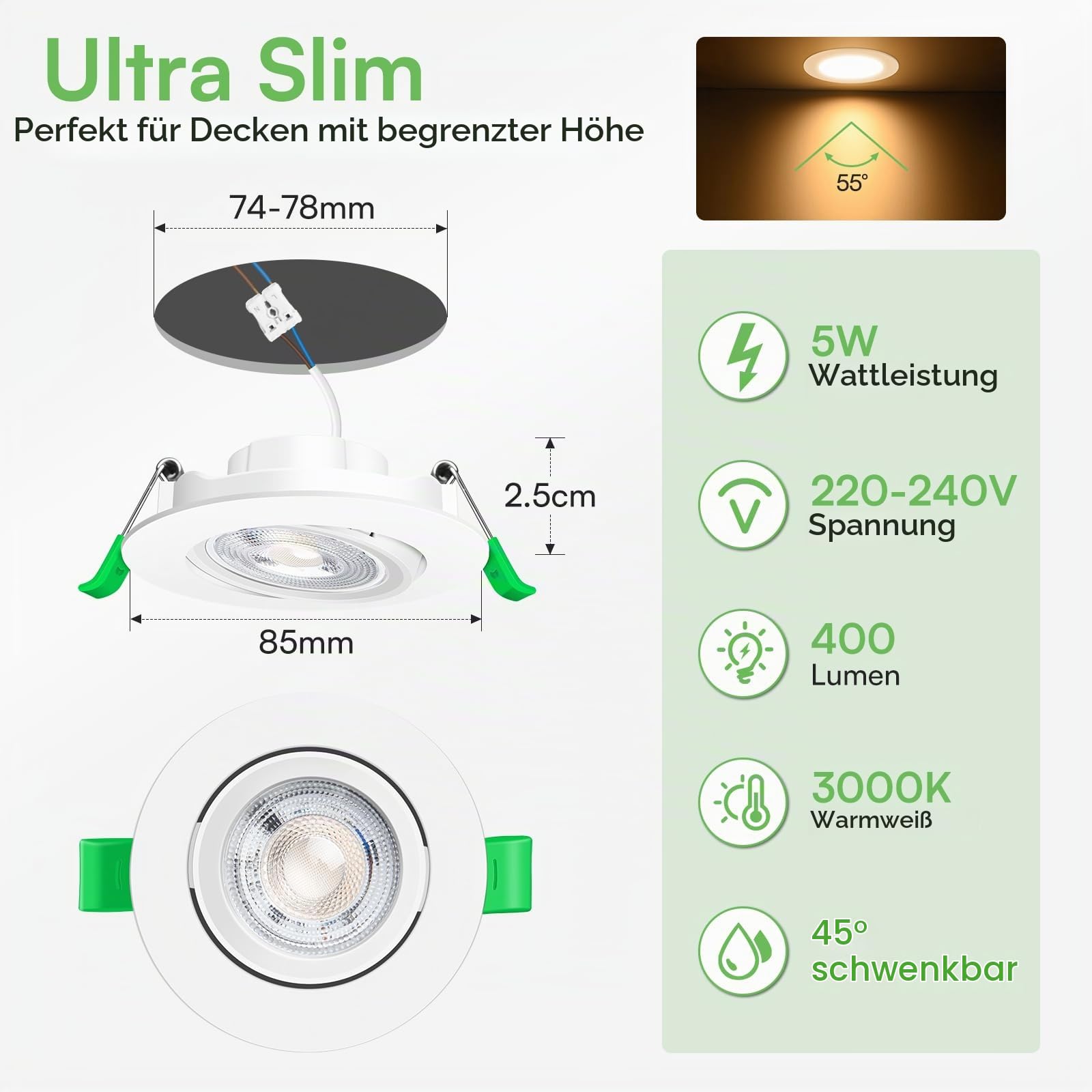 Alusso Einbaustrahler 5W Warmweiß 3000K 6er Set 74-78mm