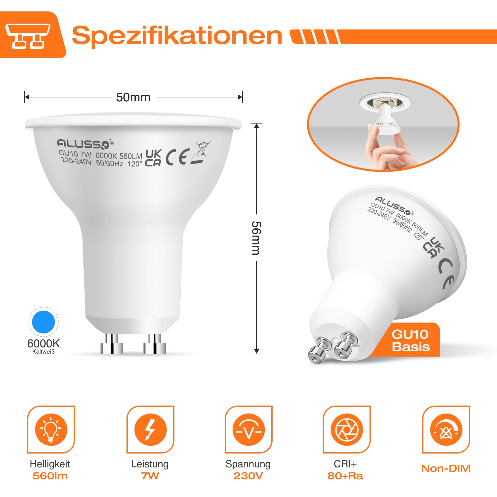 Alusso Bulb GU10 LED Lampe 7W kaltweiss 6000K 10 Stück