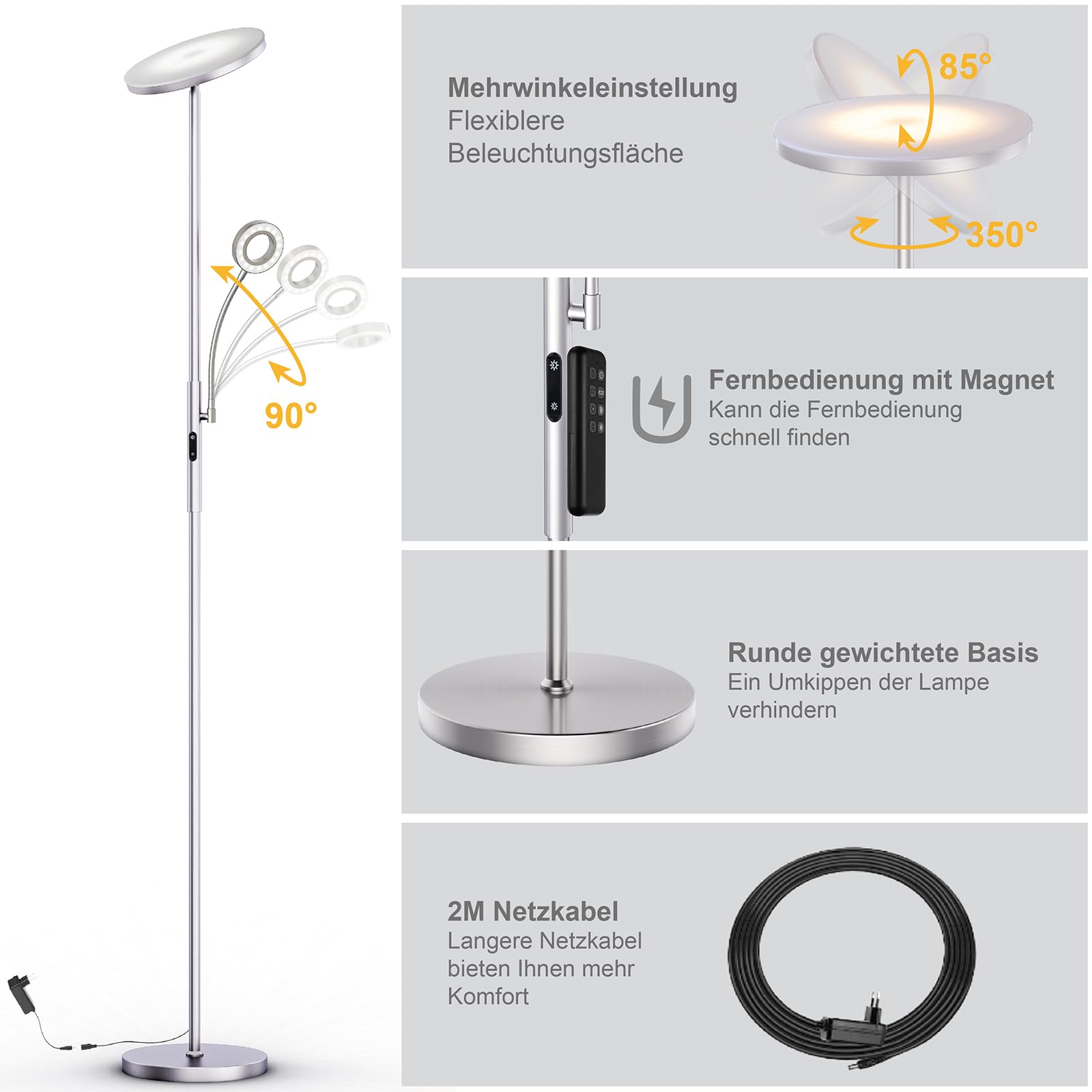 Modlicht Stehlampe LED 35W Silber dimmbar mit Leselampe