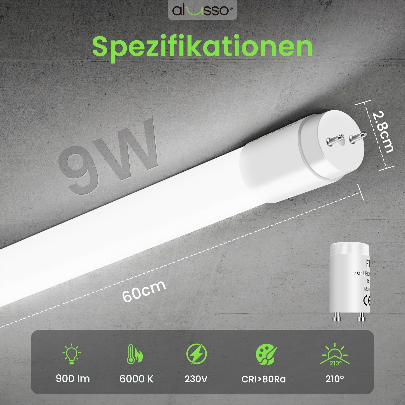 Alusso Bulb LED Röhre 60cm 6000K 9W 10er Pack kaltweiß