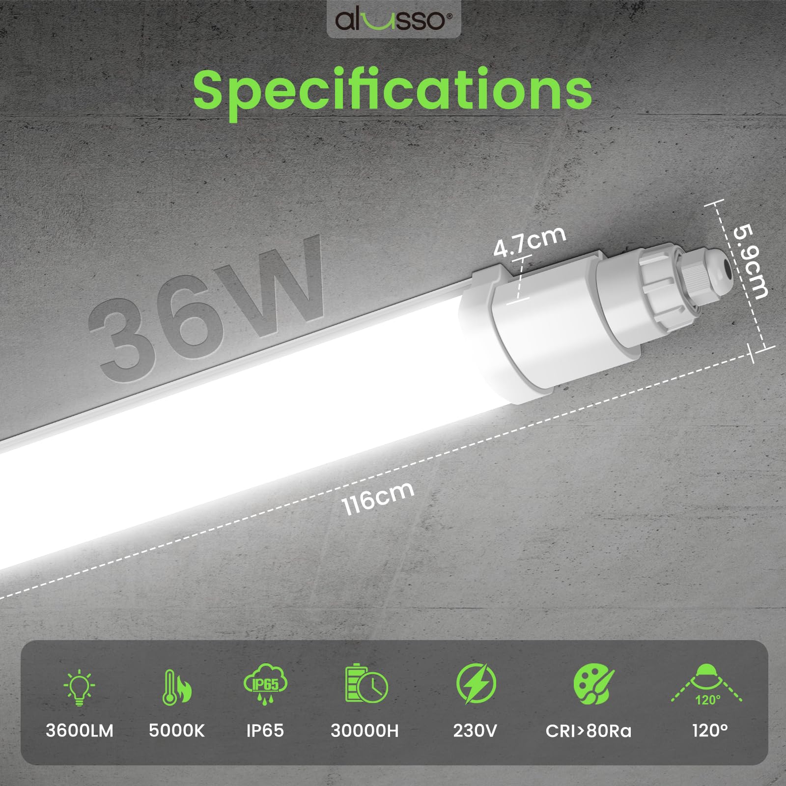 Alusso Recessed Ceiling Light 120cm 5000K Feuchtraumleuchte 2 Stück