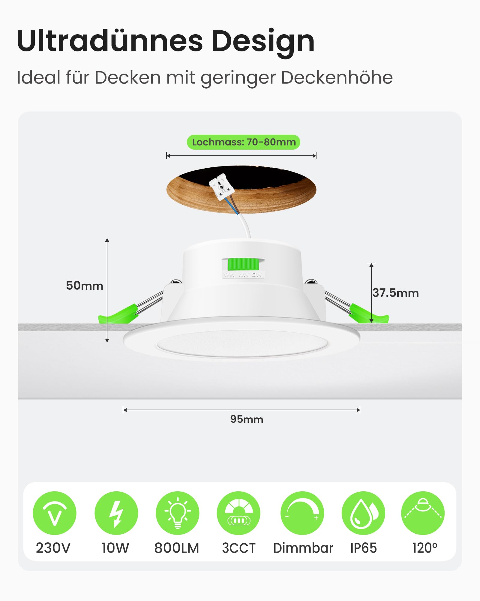 Alusso Einbaustrahler LED 10W IP65 dimmbar 6er Set 3 Lichtfarben
