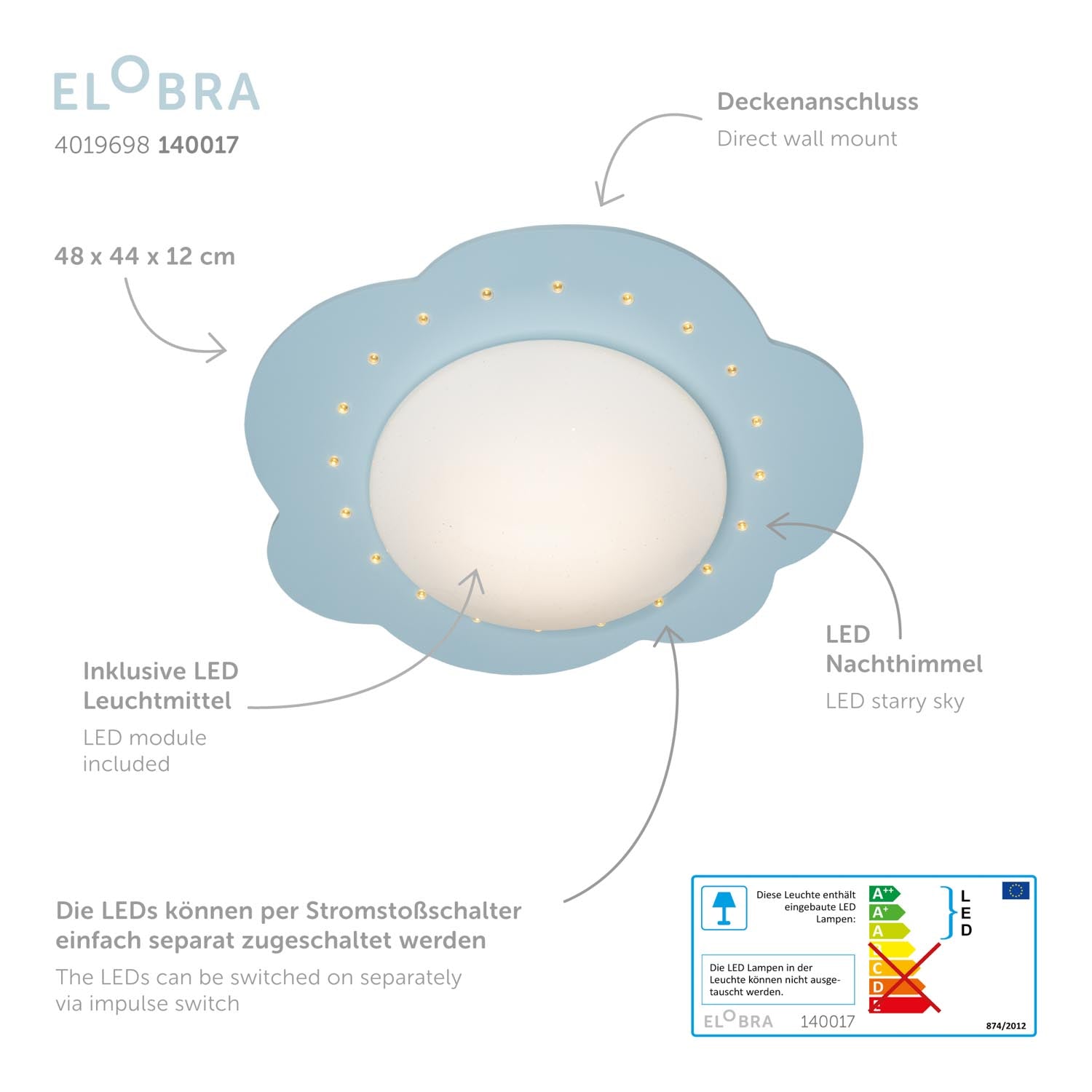 Elobra Wolke-S LED Deckenleuchte hellblau 48 cm