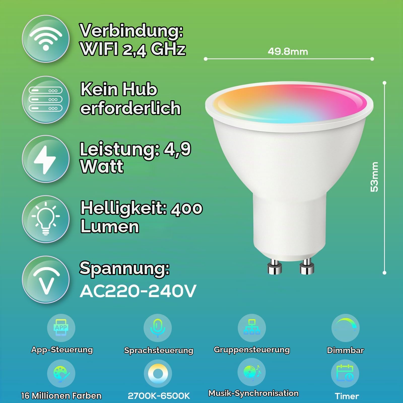 ALUSSO Smart GU10 WLAN Lampe RGB dimmbar 2 Stück